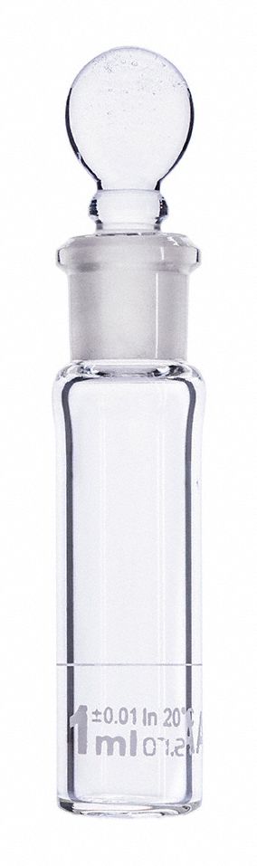 Volumetric Flask: Glass, 1 mL Capacity - mL, 0.03 fl oz Capacity - oz, Includes Closure, Graduated