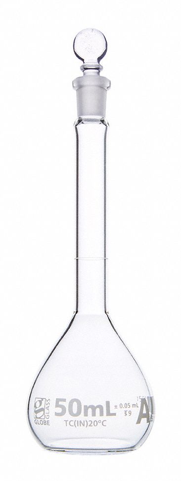 Volumetric Flask: Glass, 50 mL Capacity - mL, 1.69 fl oz Capacity - oz, Includes Closure, Graduated