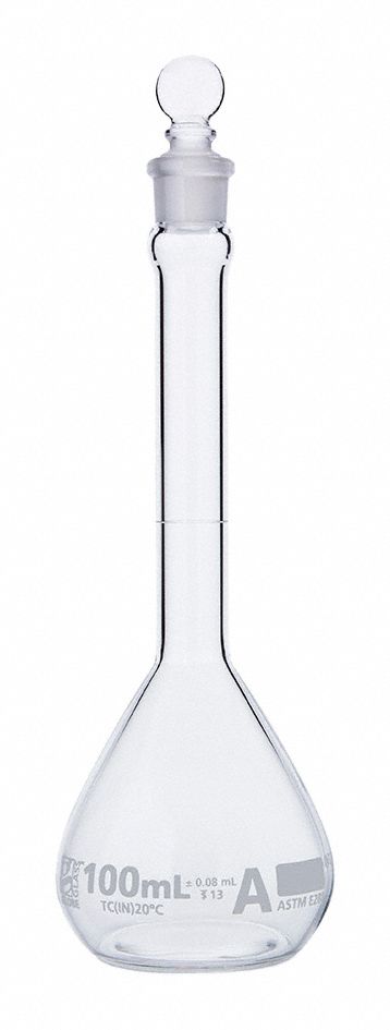 Volumetric Flask: Glass, 100 mL Capacity - mL, 3.38 fl oz Capacity - oz, Includes Closure, Graduated