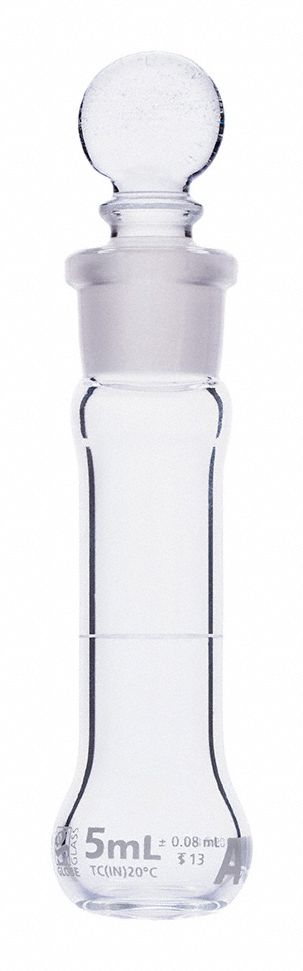 Volumetric Flask: Borosilicate Glass, 5 mL Capacity - mL, 0.17 fl oz Capacity - oz, Includes Closure