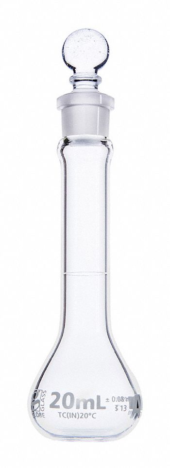 Volumetric Flask: Borosilicate Glass, 20 mL Capacity - mL, 0.68 fl oz Capacity - oz, Graduated, A