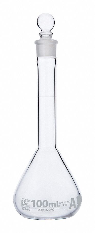 Volumetric Flask: Borosilicate Glass, 100 mL Capacity - mL, 3.38 fl oz Capacity - oz, Graduated, A
