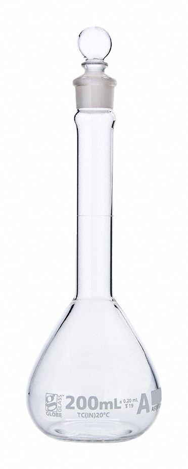 Volumetric Flask: Borosilicate Glass, 200 mL Capacity - mL, 6.76 fl oz Capacity - oz, Graduated, A