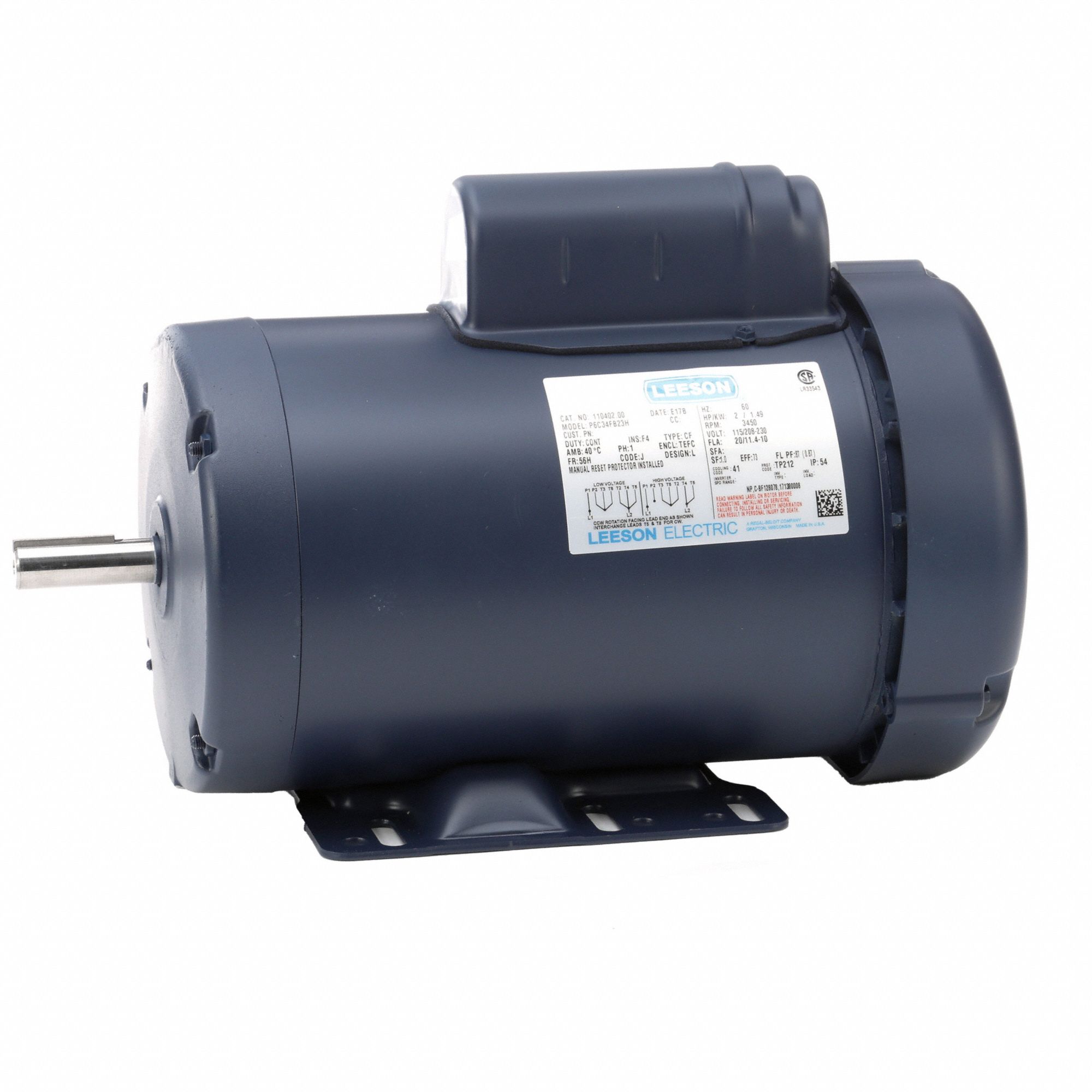 General Purpose Motor: Single Phase, 2 hp, 115/230V AC, 56H Frame Size, 5/8 in x 1 7/8 in, F