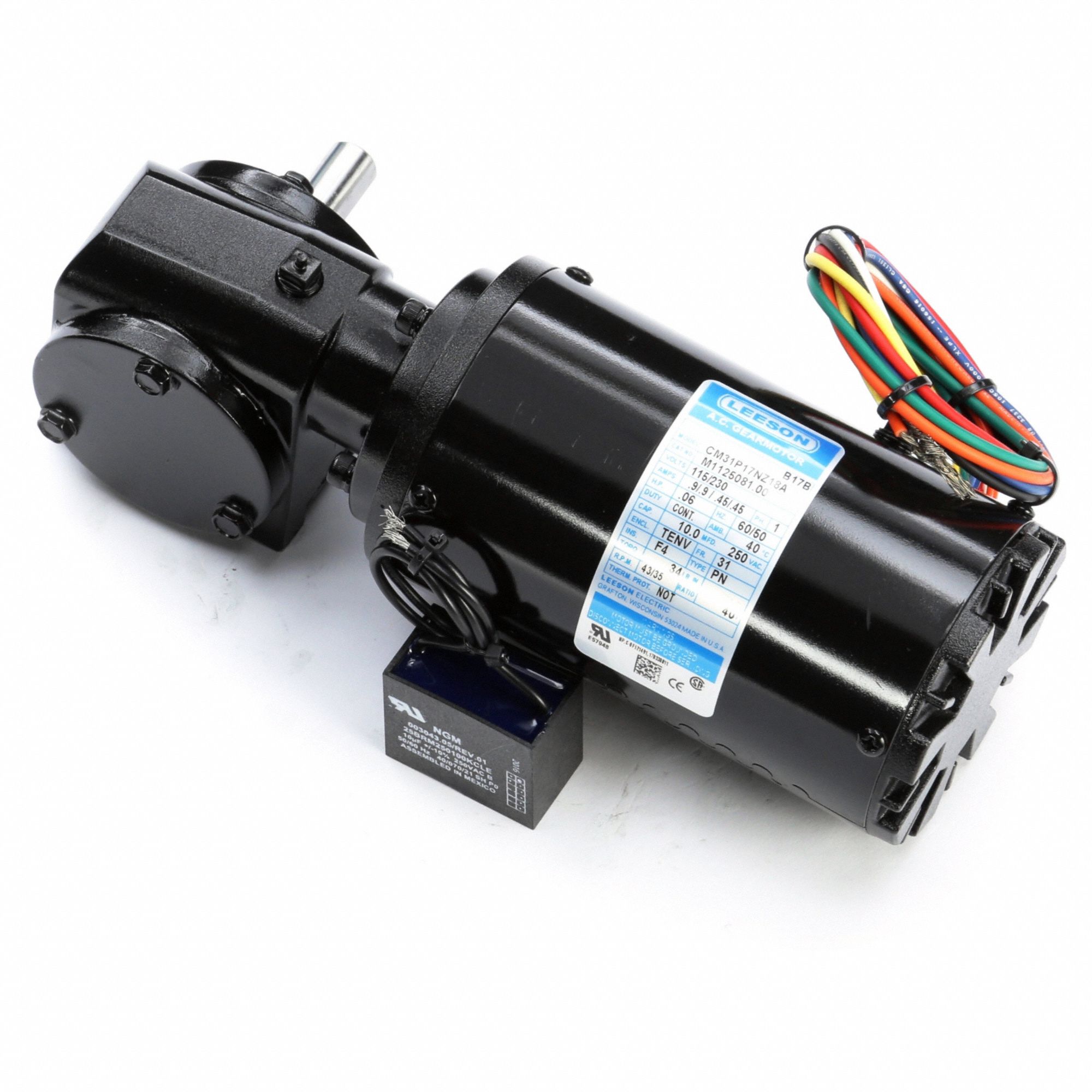 AC Gearmotor: Right Angle, Single Output Shaft, PSC, TENV, 43 RPM, 34 in-lb Max Torque, 40:1