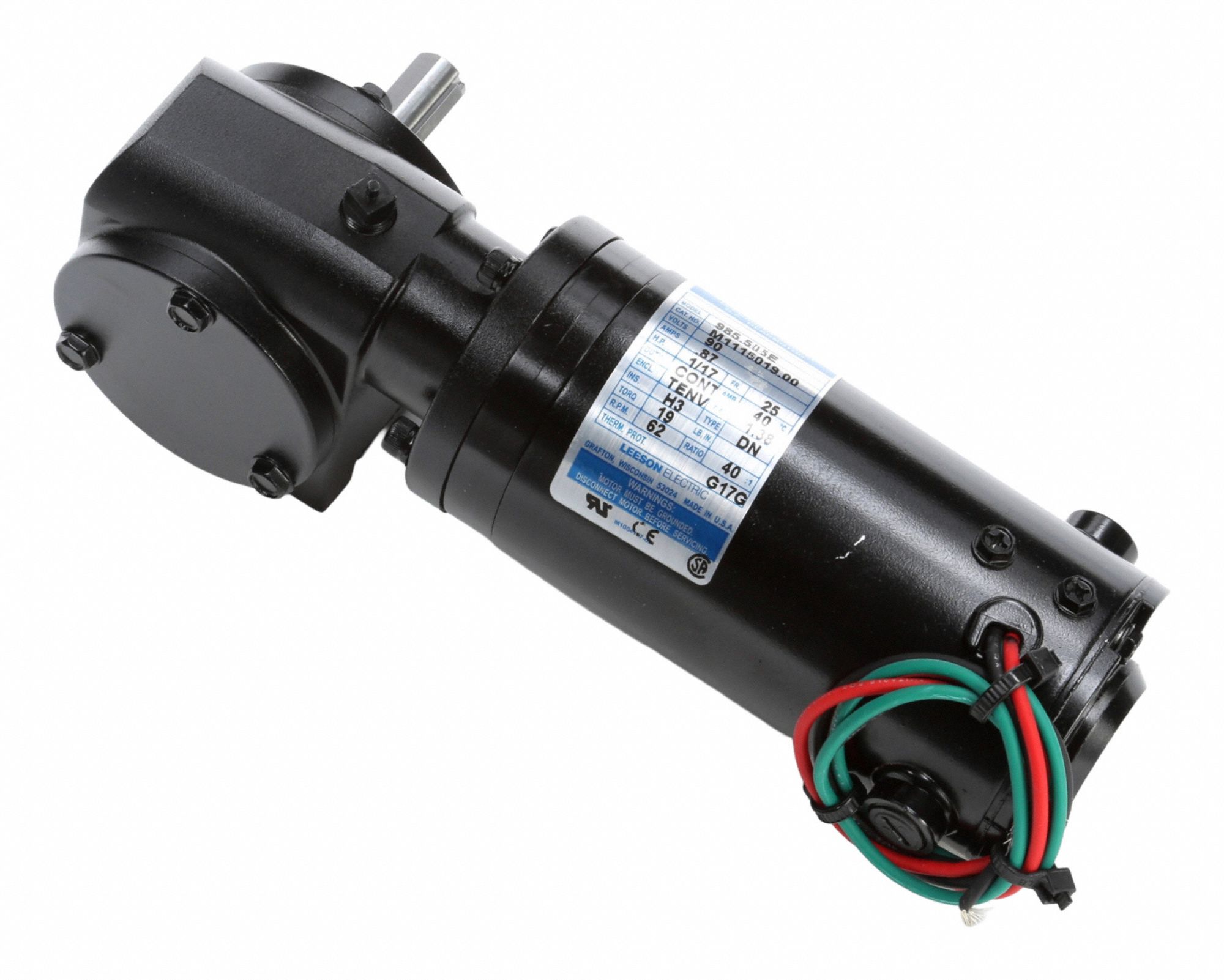 LEESON Right Angle Gearmotors: Right Angle, 90V DC, TENV, 62 RPM, 19 in-lb Max Torque, 40:1, 0.87 A (MPN M1115019.00). Key specifications — Motor Type: Permanent Magnet DC; Brand: LEESON; Full Load Current: 0.87 A.