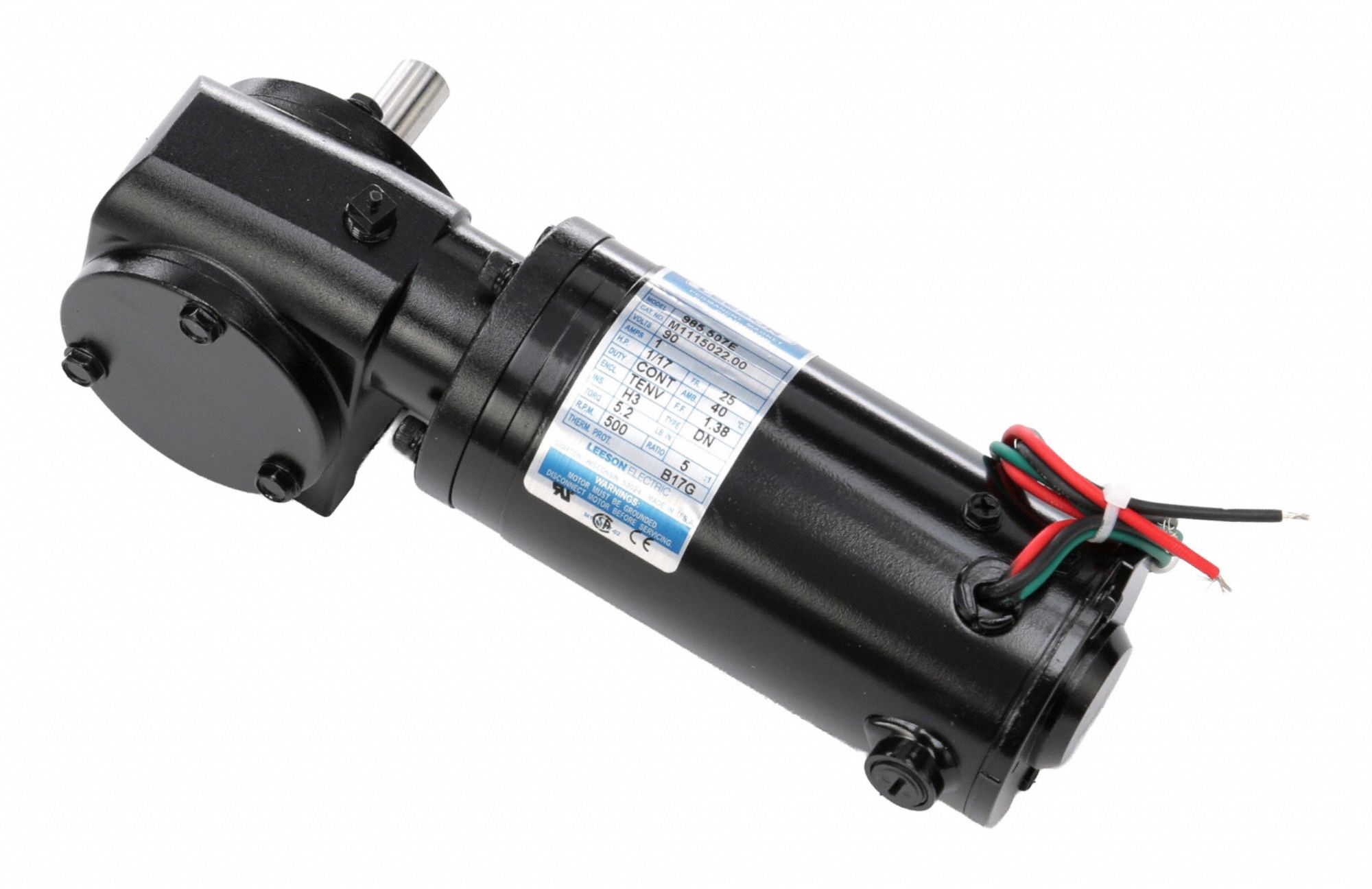 LEESON Right Angle Gearmotors: Right Angle, 90V DC, TENV, 500 RPM, 5.2 in-lb Max Torque, 5:1, 1 A (MPN M1115022.00). Key specifications — Motor Type: Permanent Magnet DC; Brand: LEESON; Full Load Current: 1 A.