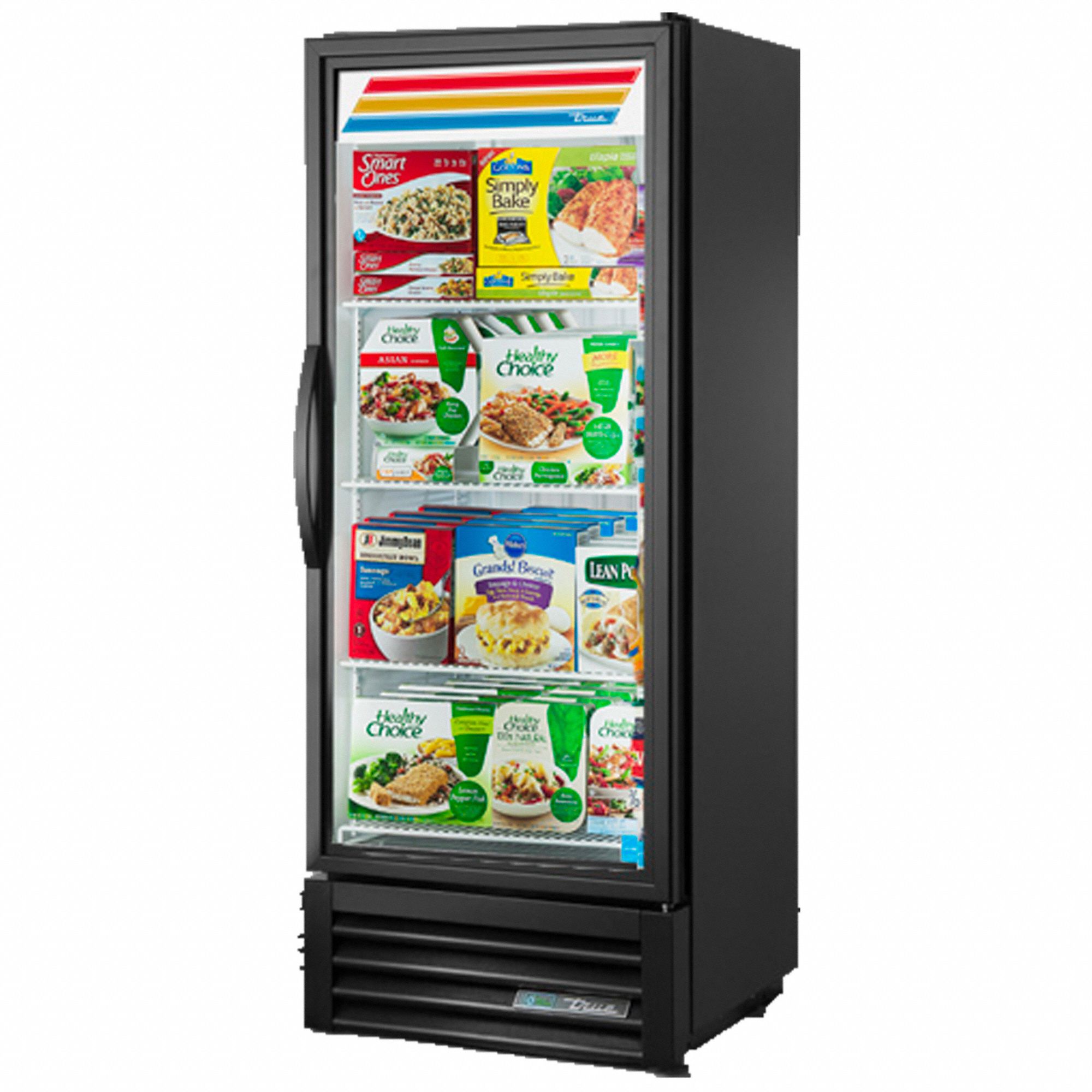 Freezer Merchandiser: 62 3/8 in x 24 7/8 in x 23 3/8 in, Black, Swing, 3 Shelves