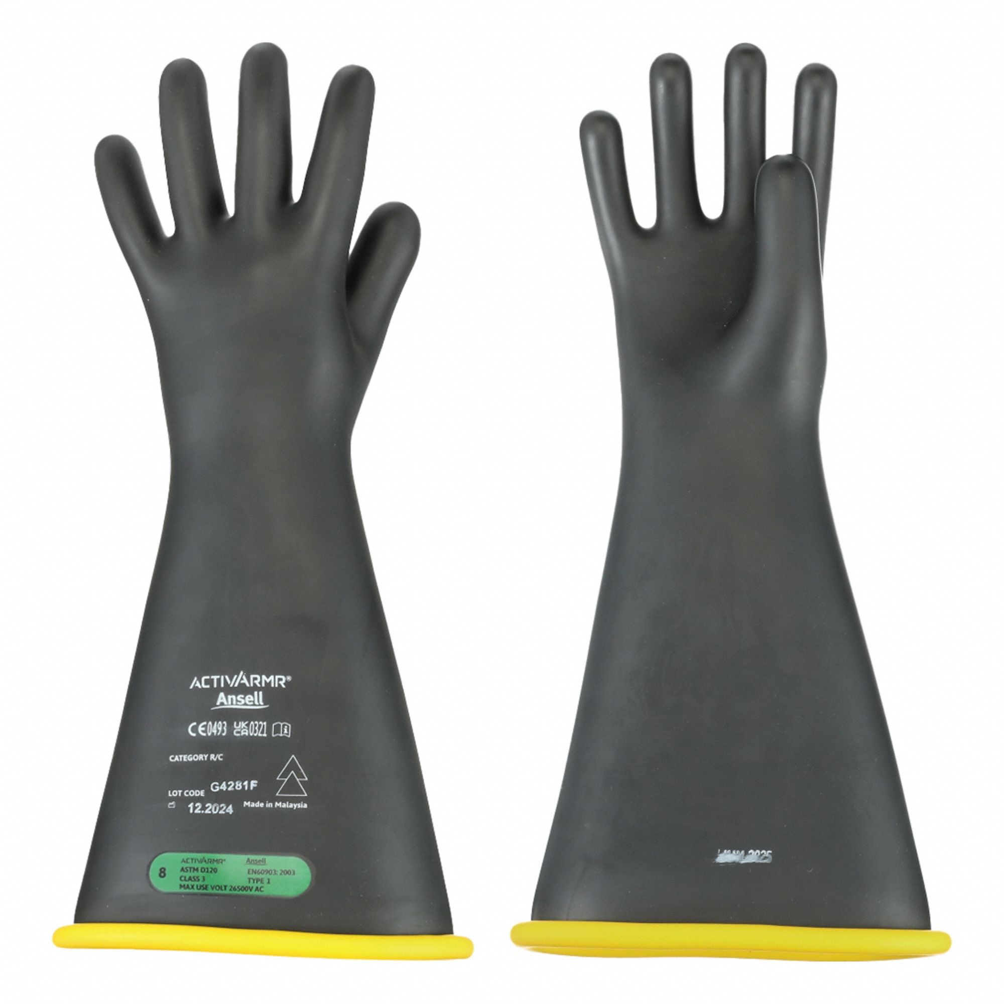Electrical-Insulating Gloves: 26, 500V AC, 39, 750V DC, Black/Yellow, 8 Size - Numeric, 1 PR