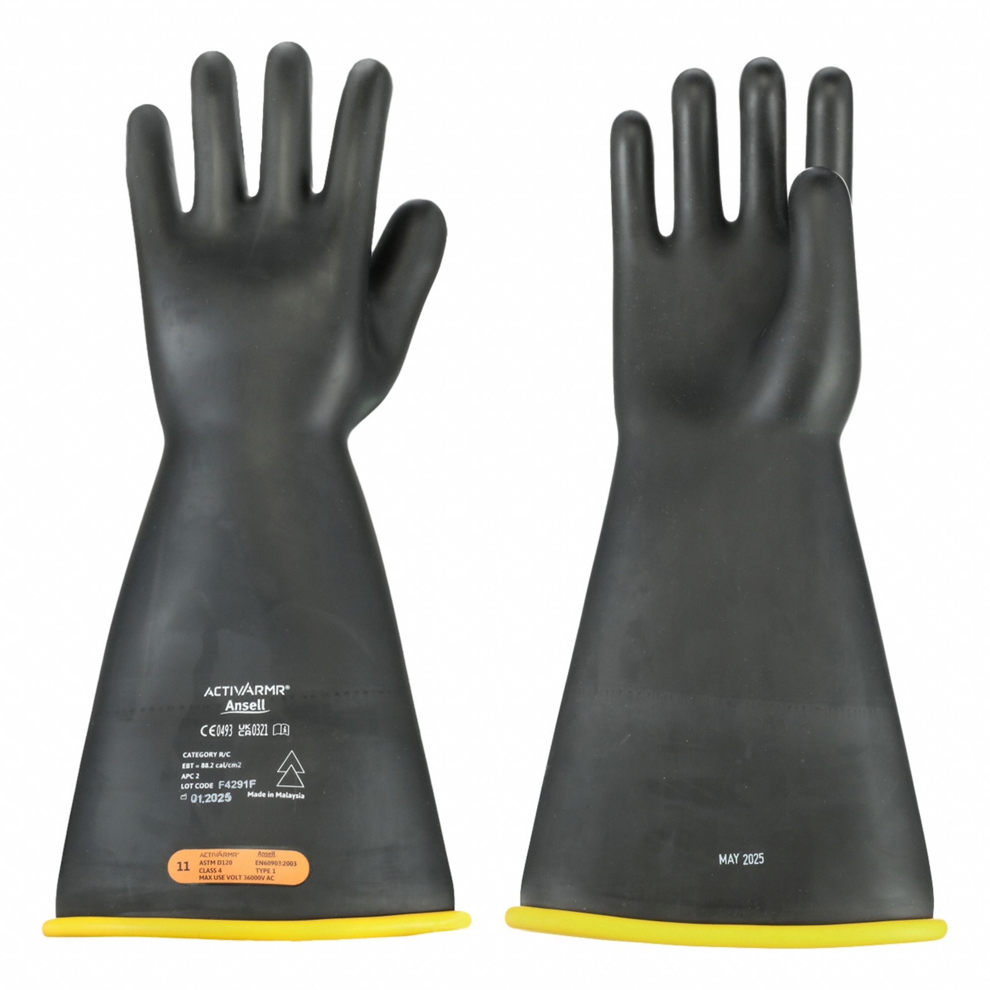 Electrical-Insulating Gloves: 36, 000V AC, 54, 000V DC, Black/Yellow, 18 in Glove Lg, 1 PR
