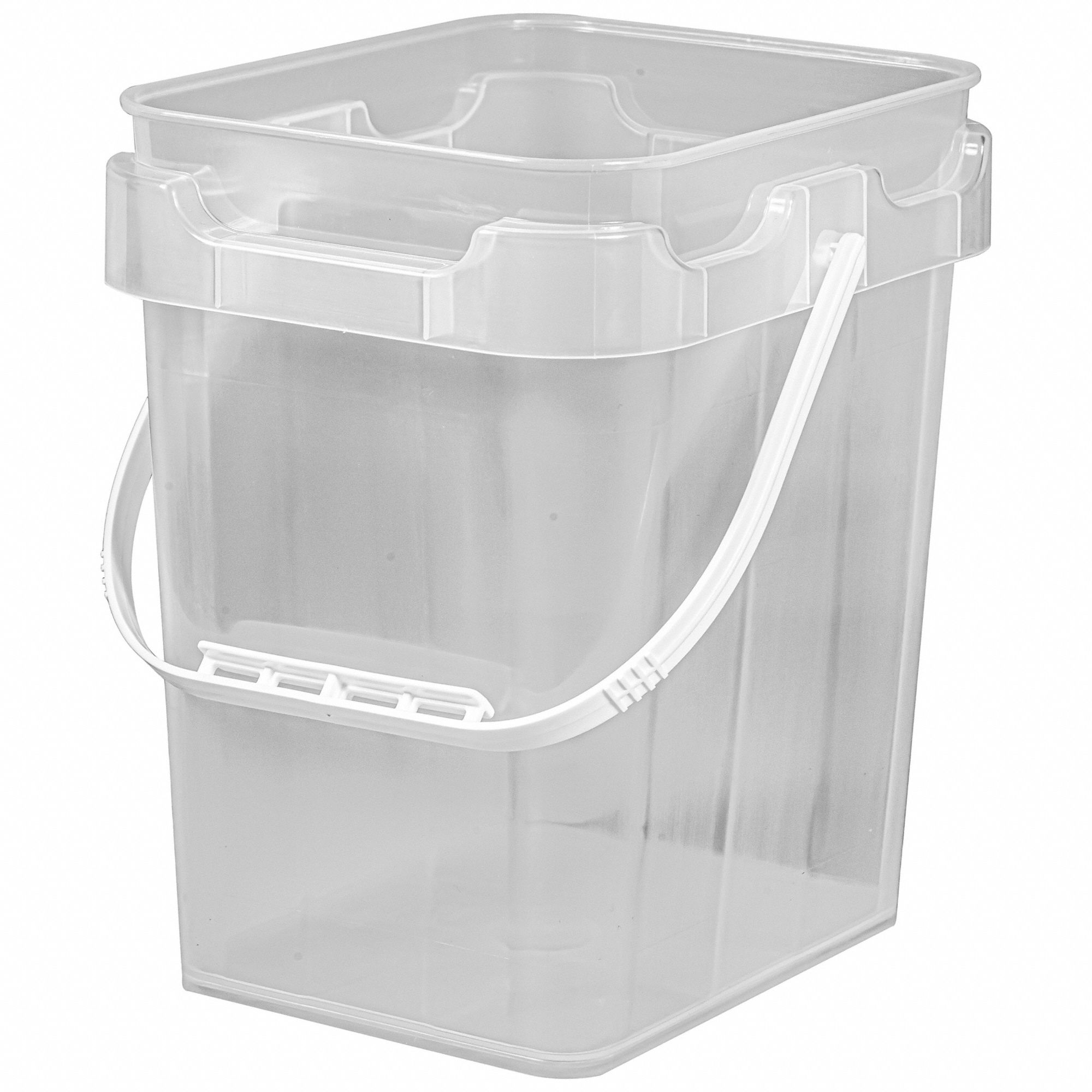 Pail: 5 gal, Open Head, Plastic, 9 1/2 in, 14 1/2 in Overall Ht, Square, Clear, FDA Certified