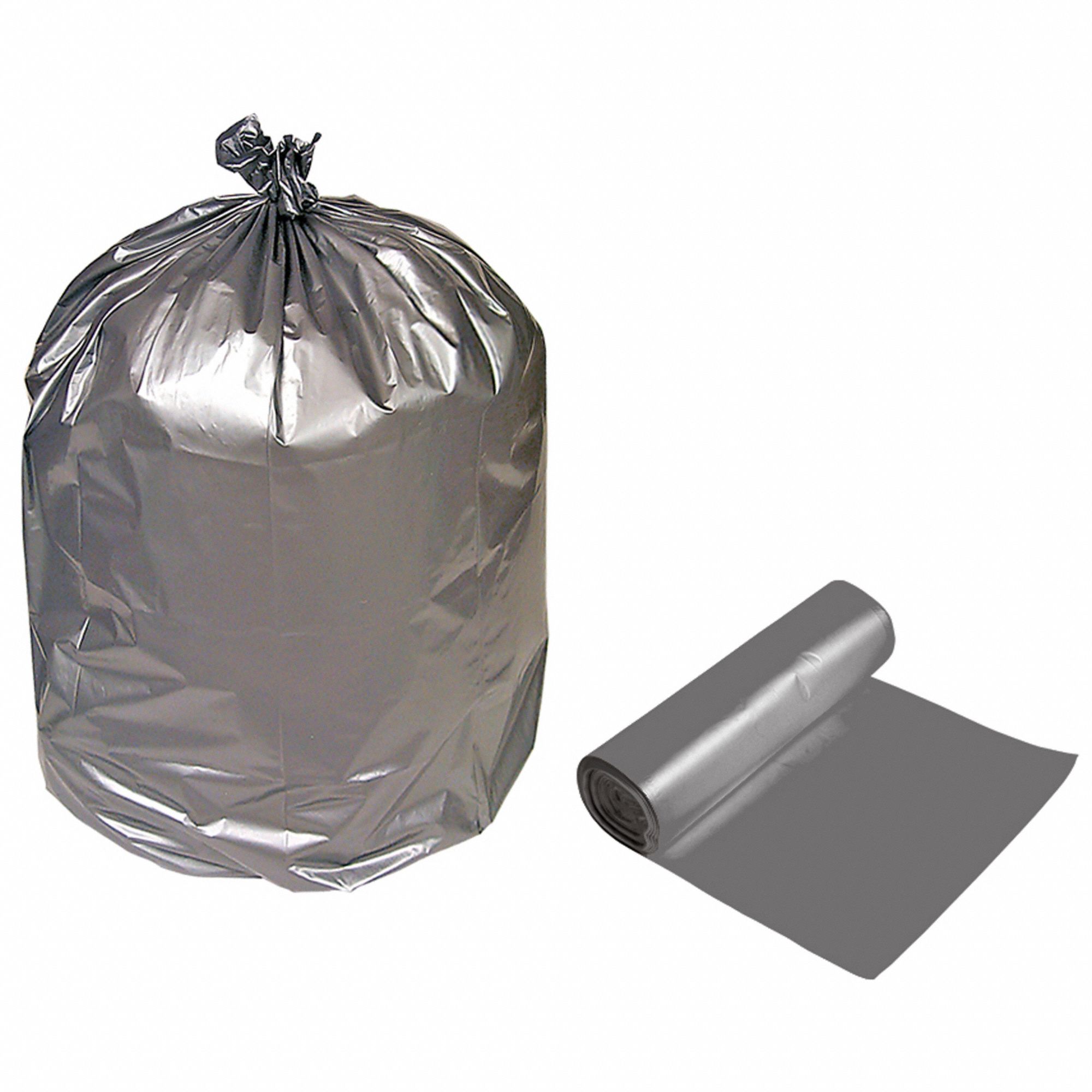 Trash Bags: Premium, 56 gal Capacity, 95 lb Max. Load, 43 in x 49 in, 1.7 mil Thick, Silver