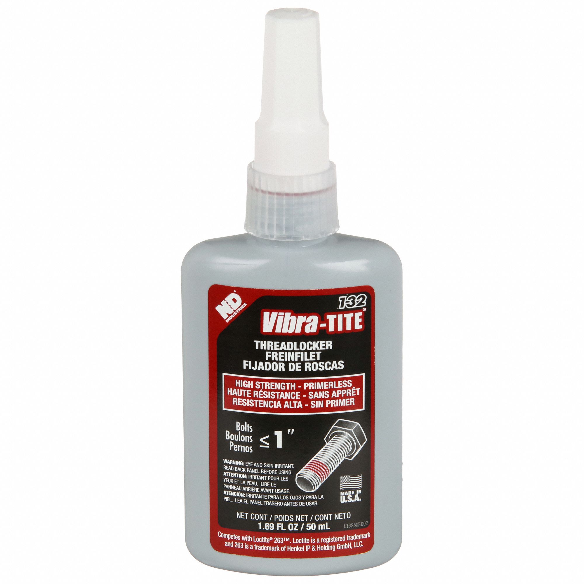Primerless High-Strength Threadlocker: 132, Red, Oil Tolerant, 1.69 fl oz, Bottle, 1 EA