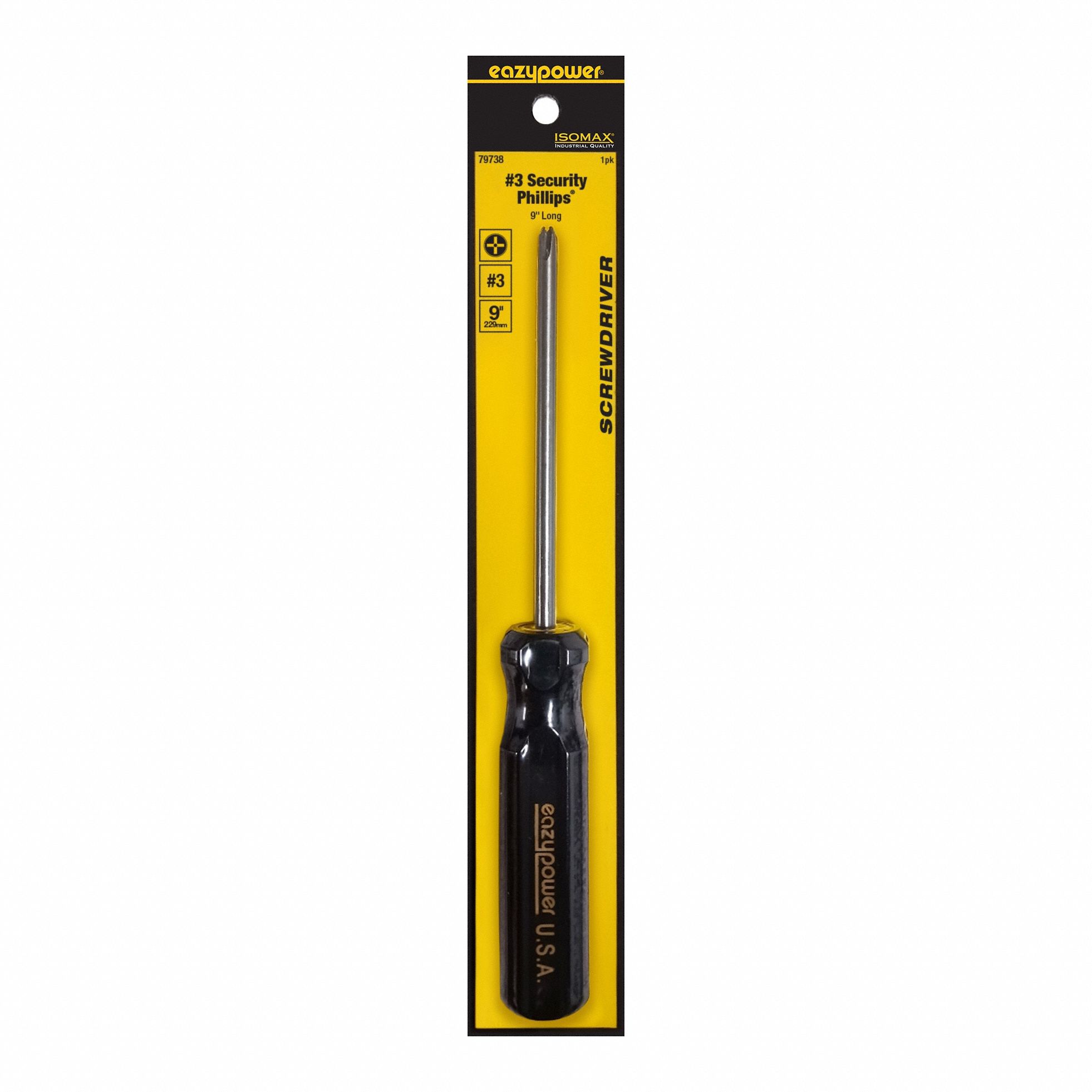 Screwdriver: Security Phillips Series, Steel, #3 Tip Size, 5 in Shank Lg, 9 in Overall Lg