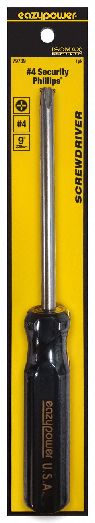 Screwdriver: Security Phillips Series, Steel, #4 Tip Size, 5 in Shank Lg, 9 in Overall Lg