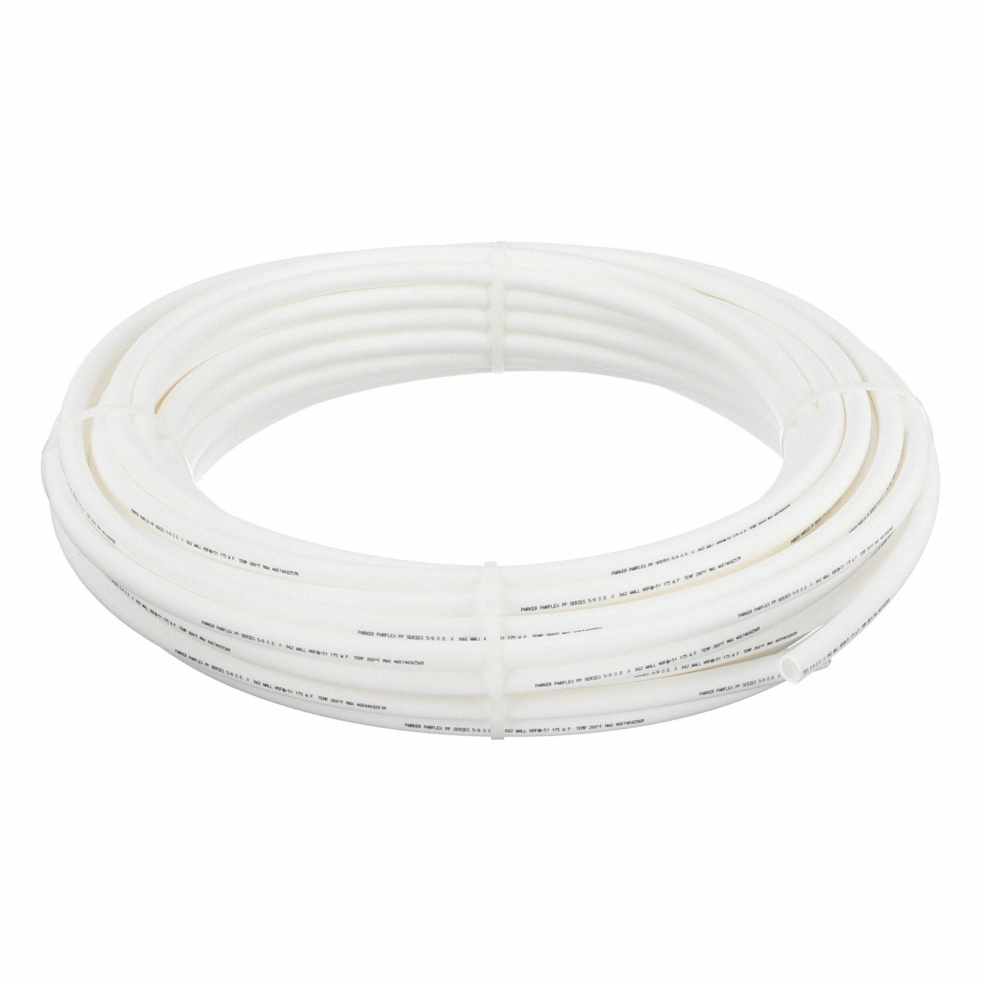 Tubing: PP, White, 5/8 in OD, 1/2 in ID, 100 ft Lg, Rockwell R 77