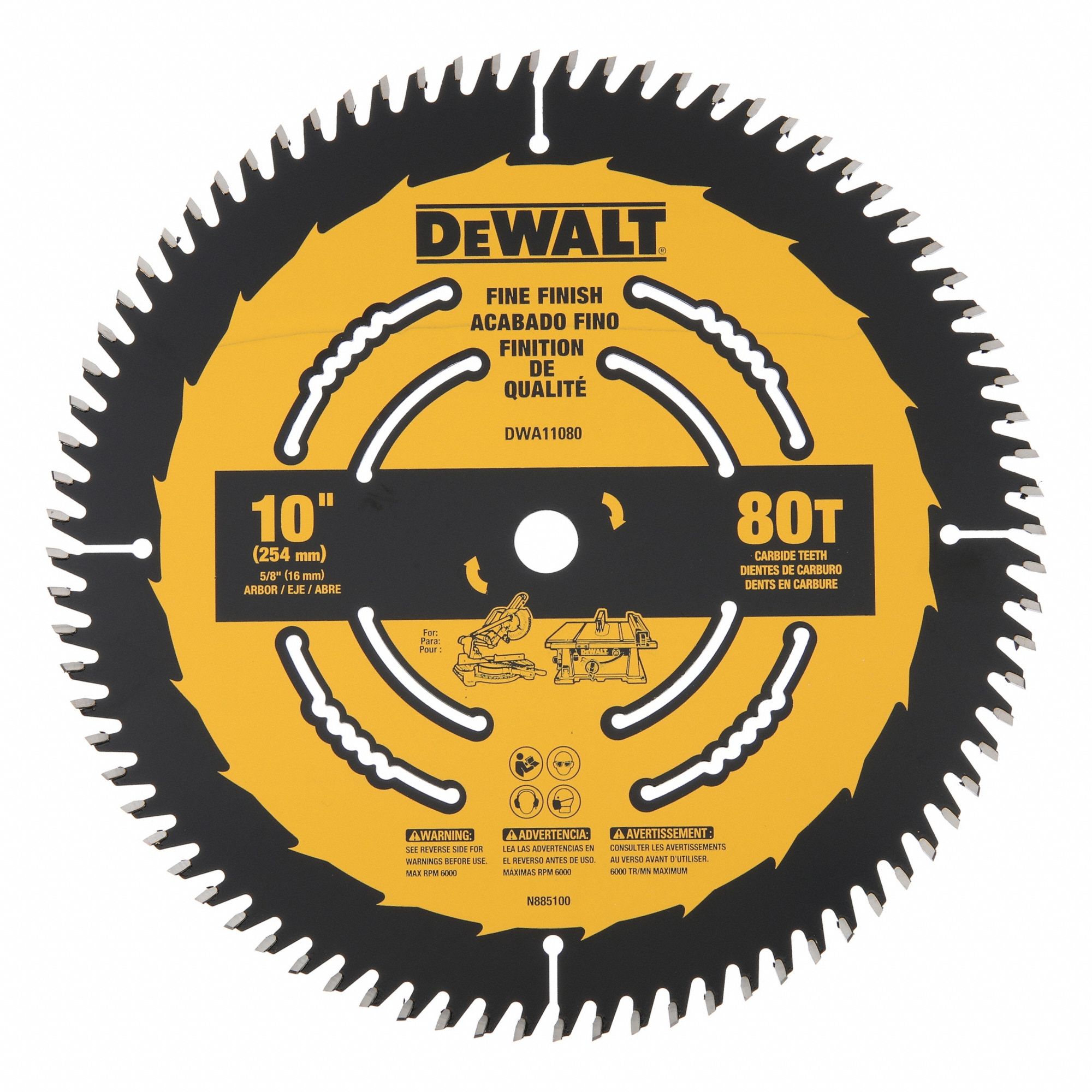 Circular Saw Blade: 10 in Blade Dia., 80 Teeth, 0.1 in Cut Wd, 5/8 in Arbor Size, Finishing