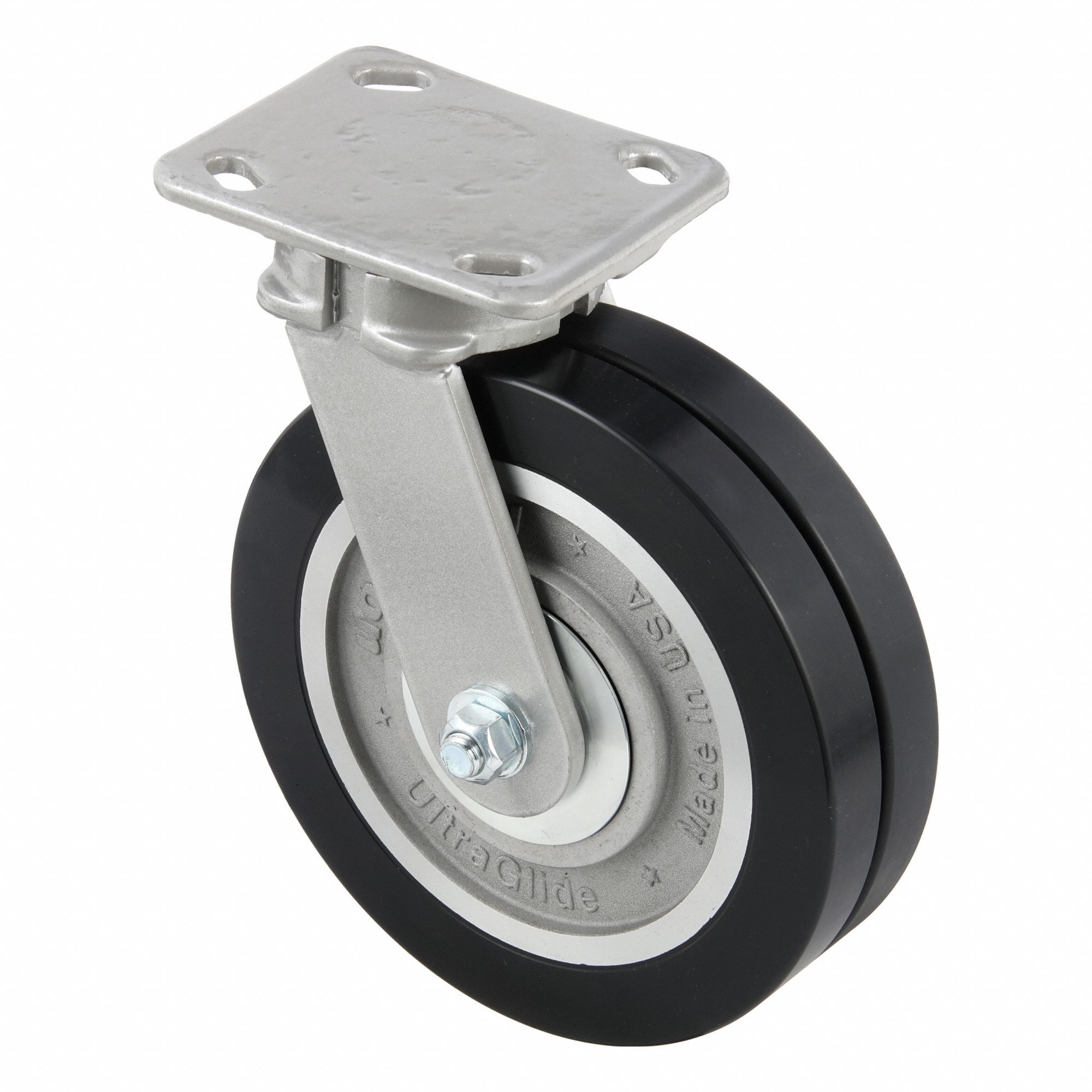 Plate Caster: Kingpinless Swivel, Polyurethane, 8 in Wheel Dia, Rectangle