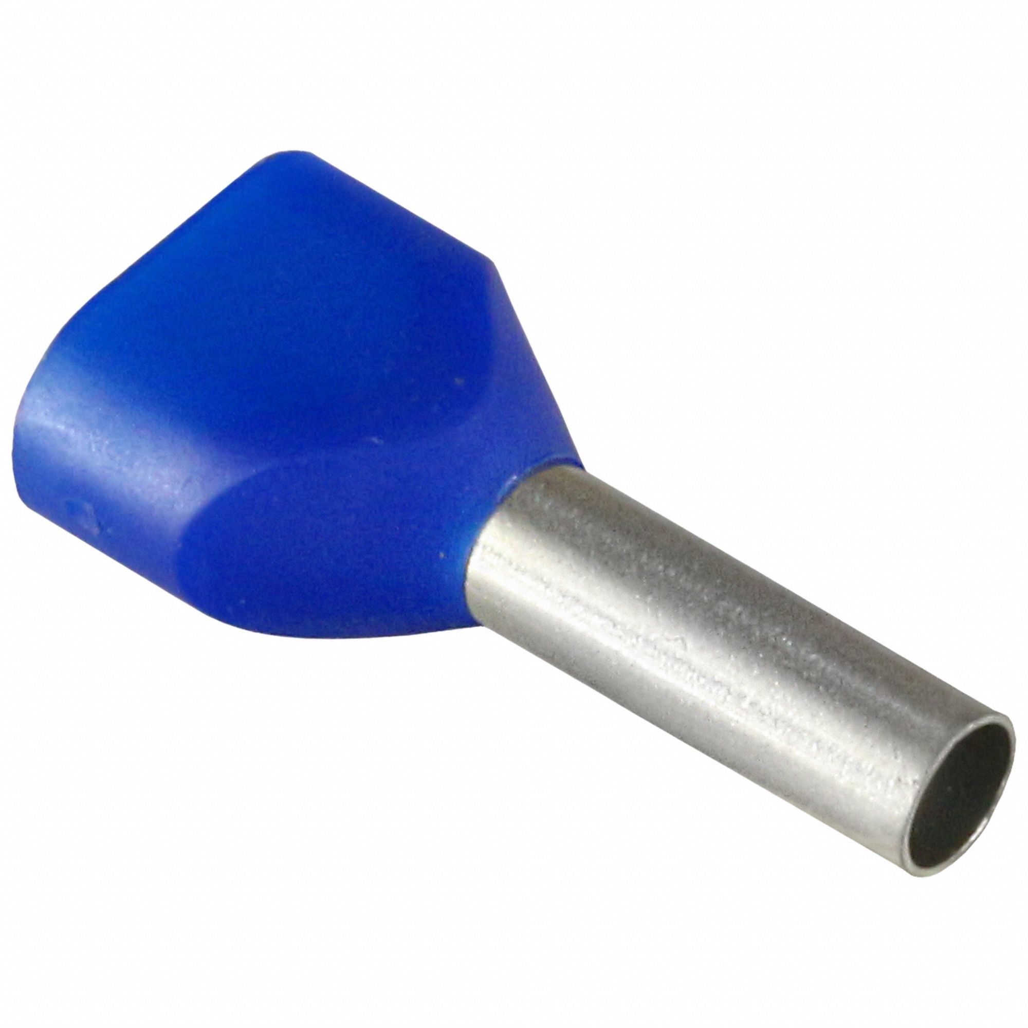 Wire Ferrule: 14 AWG Max Wire Size, Holds 2 Wire, Blue, Nylon, 0.13 in Ferrule Dia