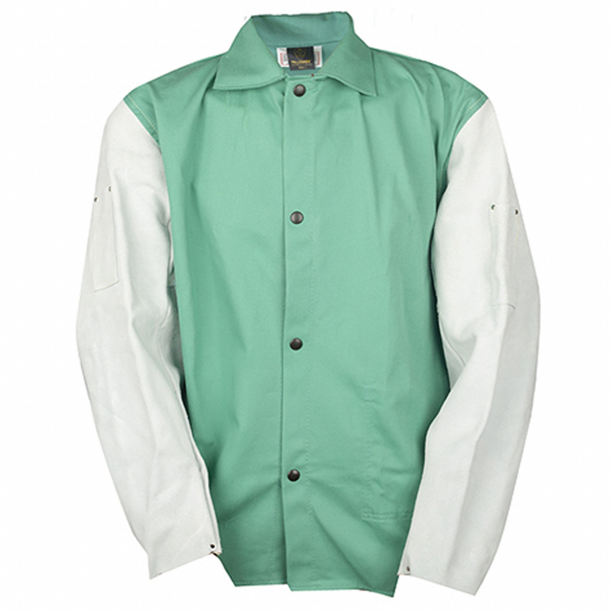 Cotton Jacket Leather Sleeves: Men's, Leather ( 9 oz ), Green, Buttons, 1 Total Pockets, 5XL