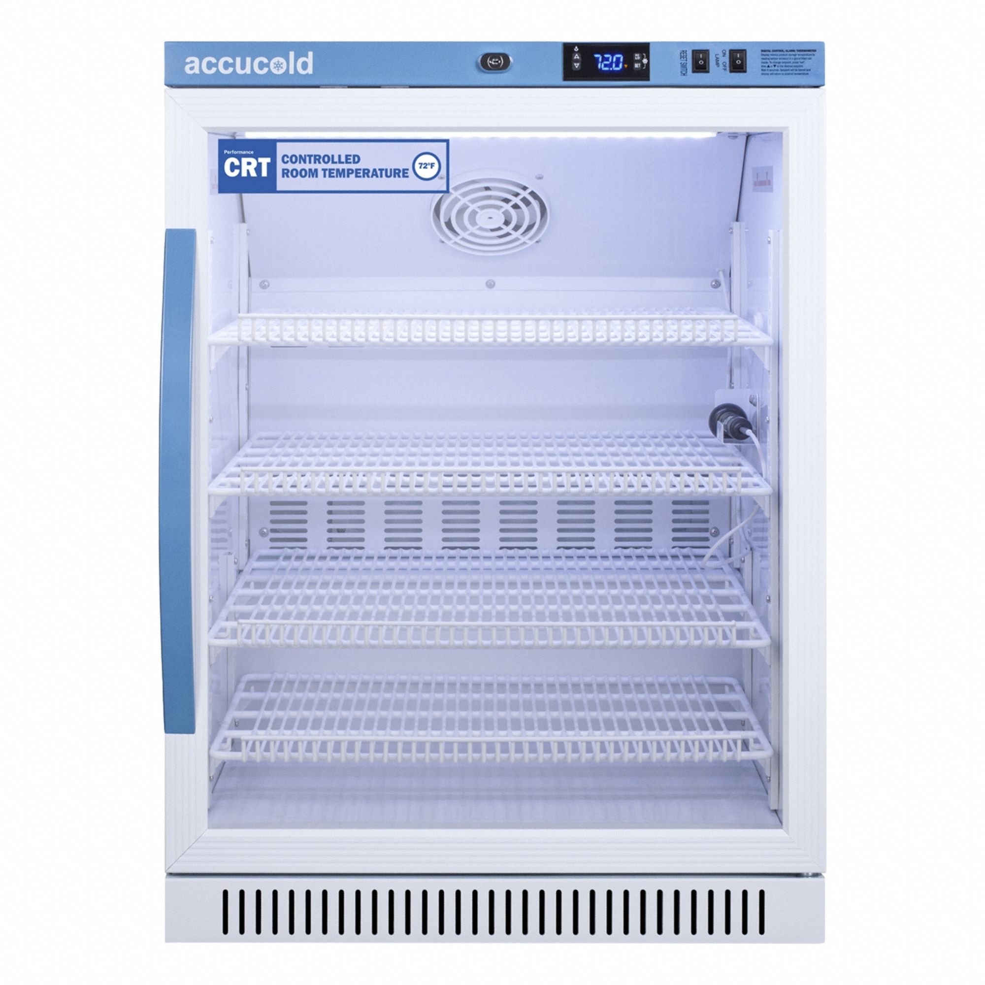 Controlled Room Temperature Cabinet: 115V AC, 68°F to 77°F, 23 3/8 in Overall Wd (MPN ARG6PV-CRT). Key specifications — Brand: ACCUCOLD; Voltage: 115V AC; Includes: (4) Shelves; Door Hinge: Right Hinge.