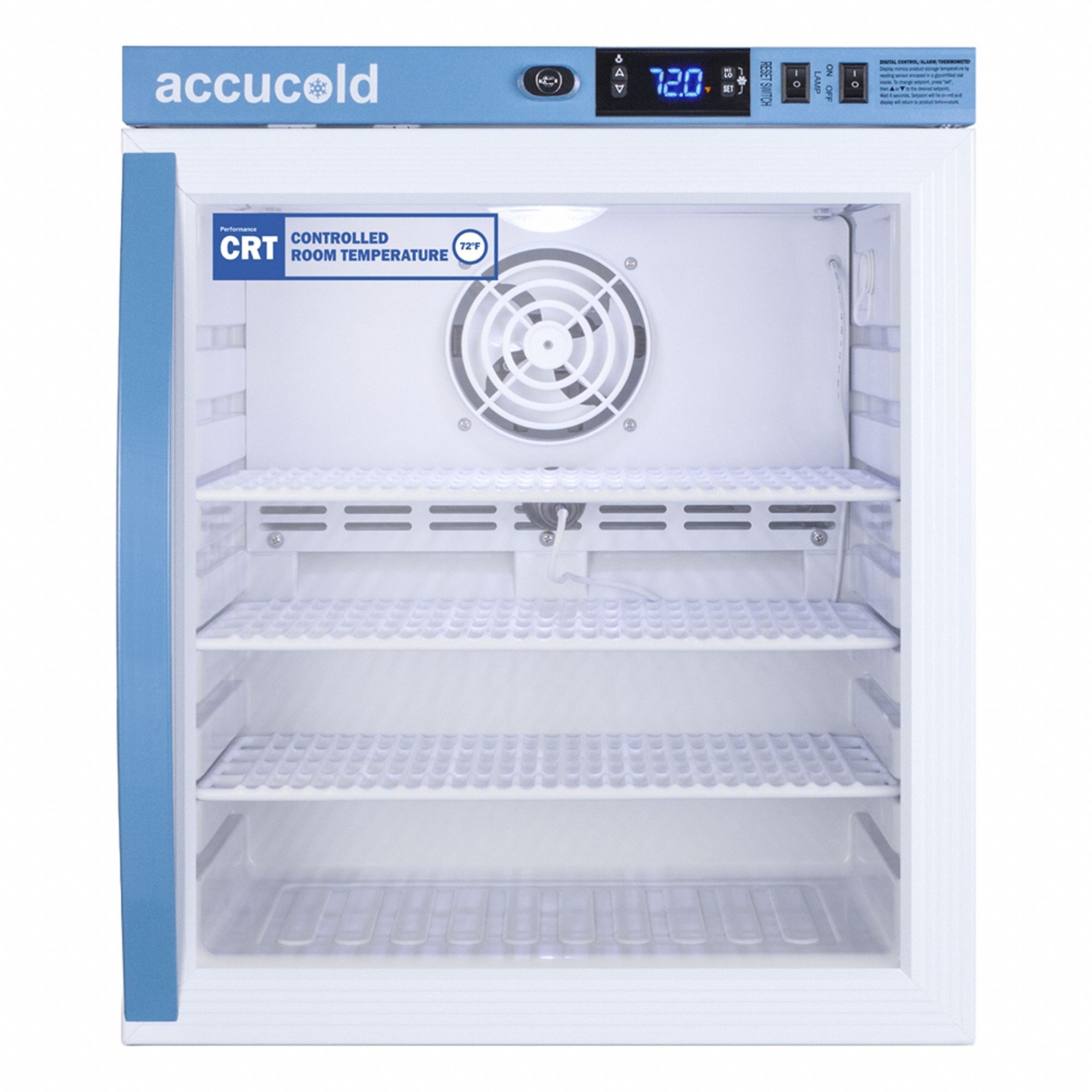 Controlled Room Temperature Cabinet: 115V AC, 68°F to 77°F, 17 1/2 in Overall Wd (MPN ARG1PV-CRT). Key specifications — Brand: ACCUCOLD; Voltage: 115V AC; Includes: (3) Shelves; Door Hinge: Right Hinge.