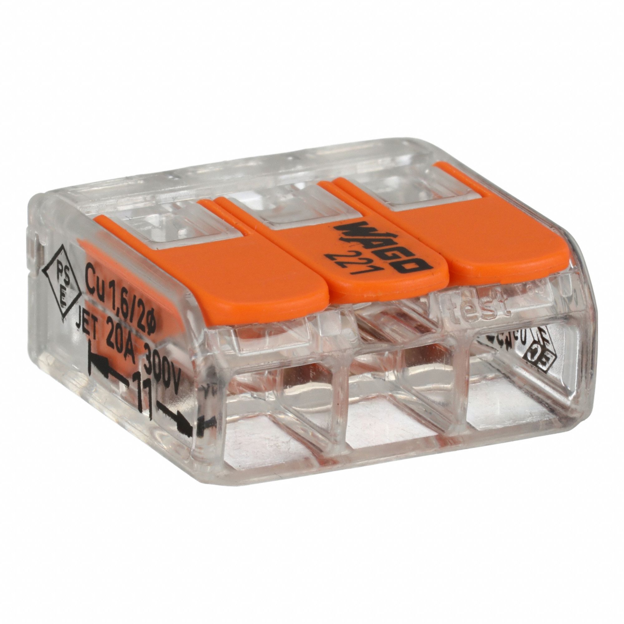 Lever Wire Connector: 3 Port, 24 AWG – 12 AWG Solid Wire Size Range, 32 A, 600 V, 221 Series