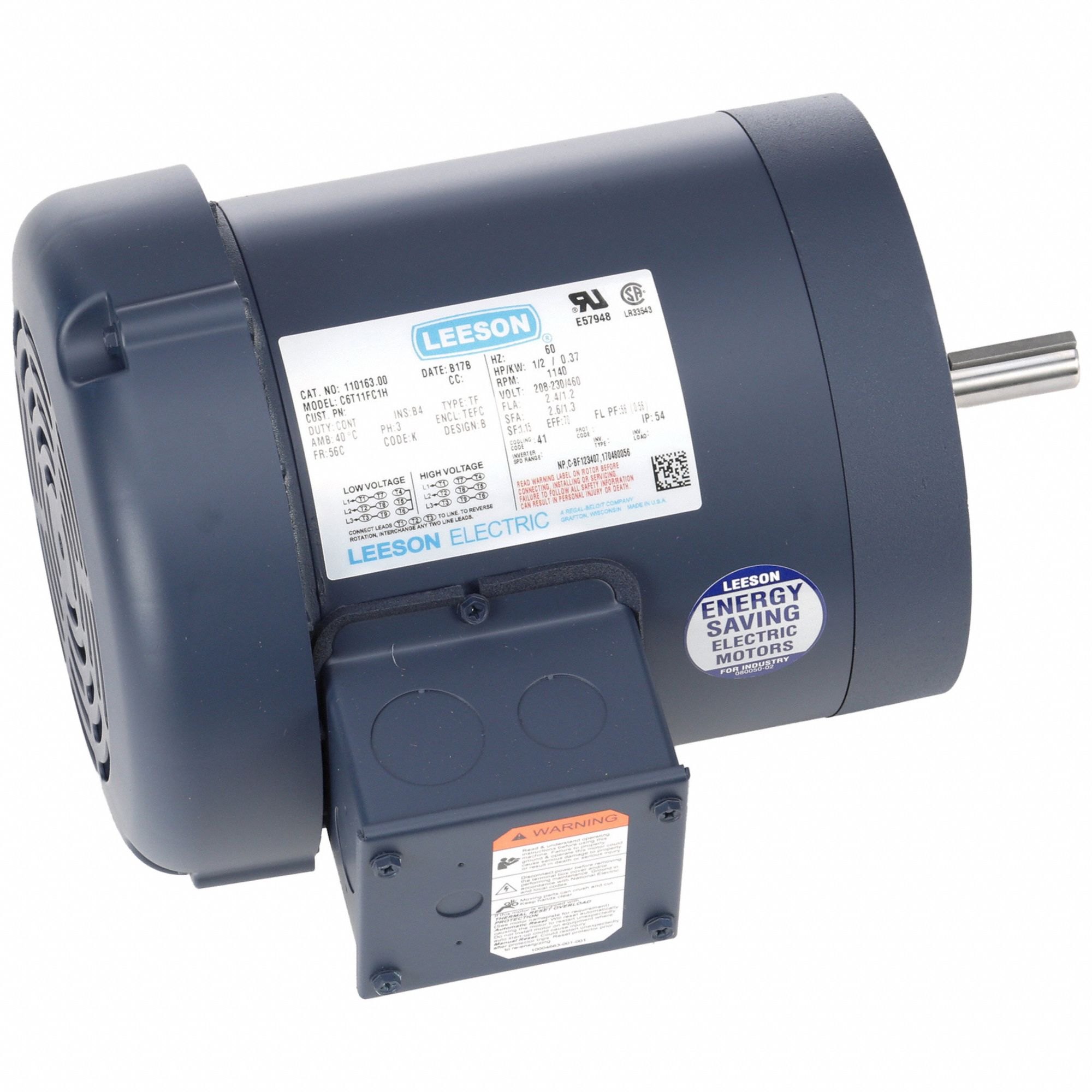 General Purpose Motors: Totally Enclosed Air-Over, C-Face Mount, 1/2 HP, 1, 140 Nameplate RPM