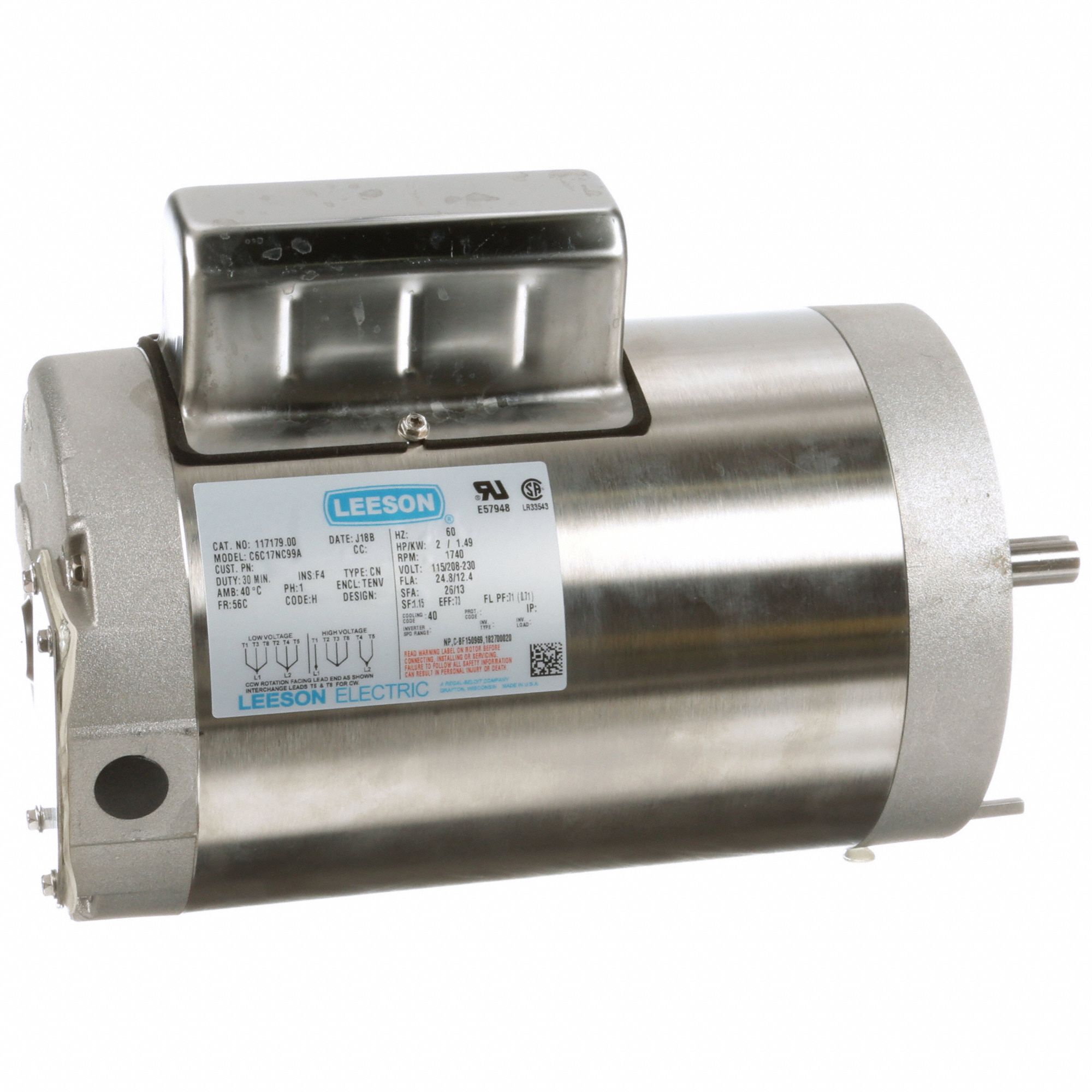 Washdown Motor: Capacitor-Start, 2 hp Horsepower, 1, 740 RPM RPM, 115/230V AC, 56C Frame Size