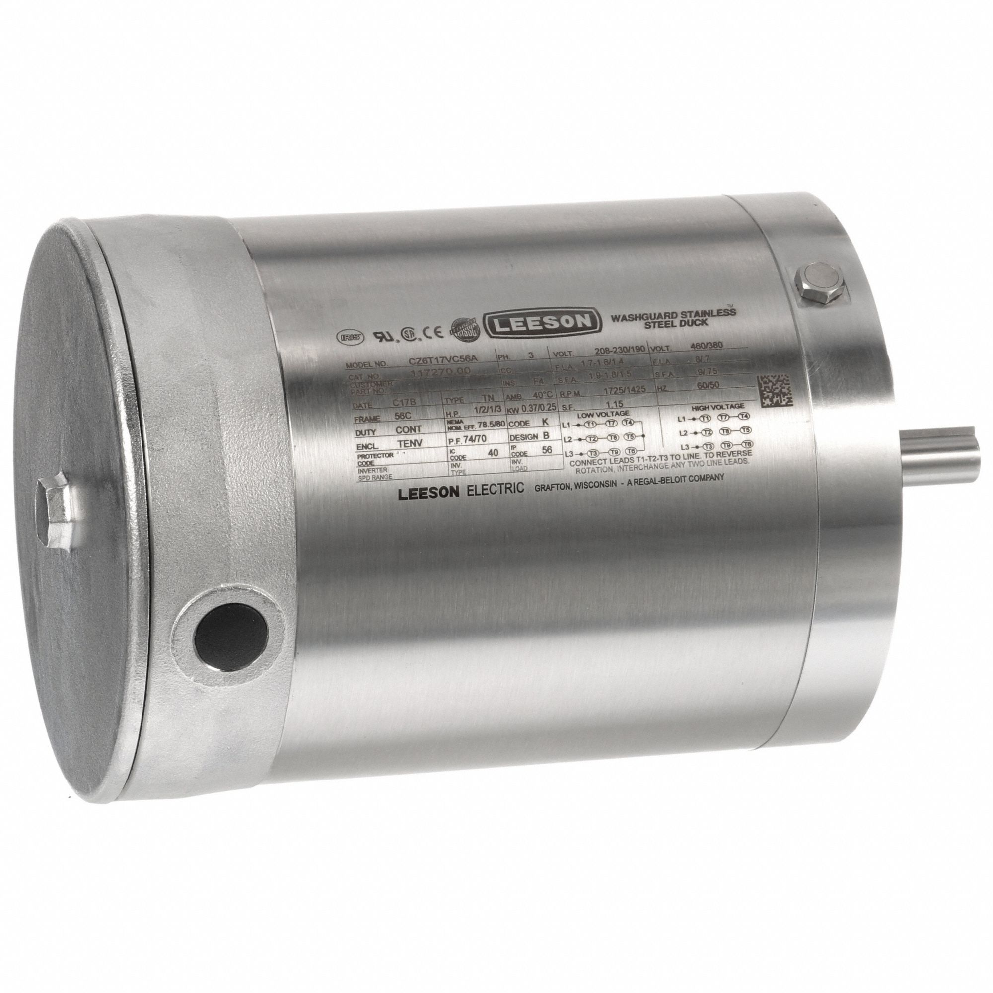 Washdown Motor: Three-Phase, 1/2 hp Horsepower, 1, 725 RPM RPM, 230/460V AC, 56C Frame Size