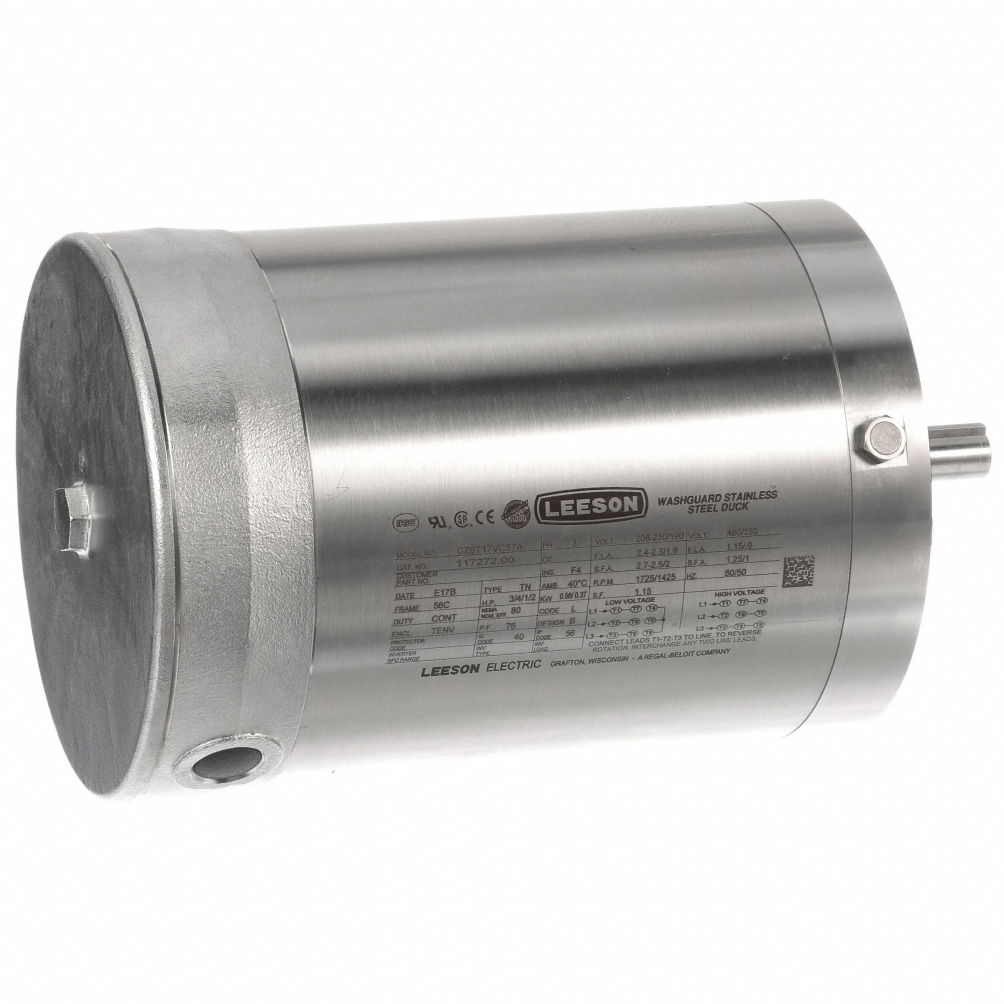 Washdown Motor: Three-Phase, 3/4 hp Horsepower, 1, 725 RPM RPM, 230/460V AC, 56C Frame Size