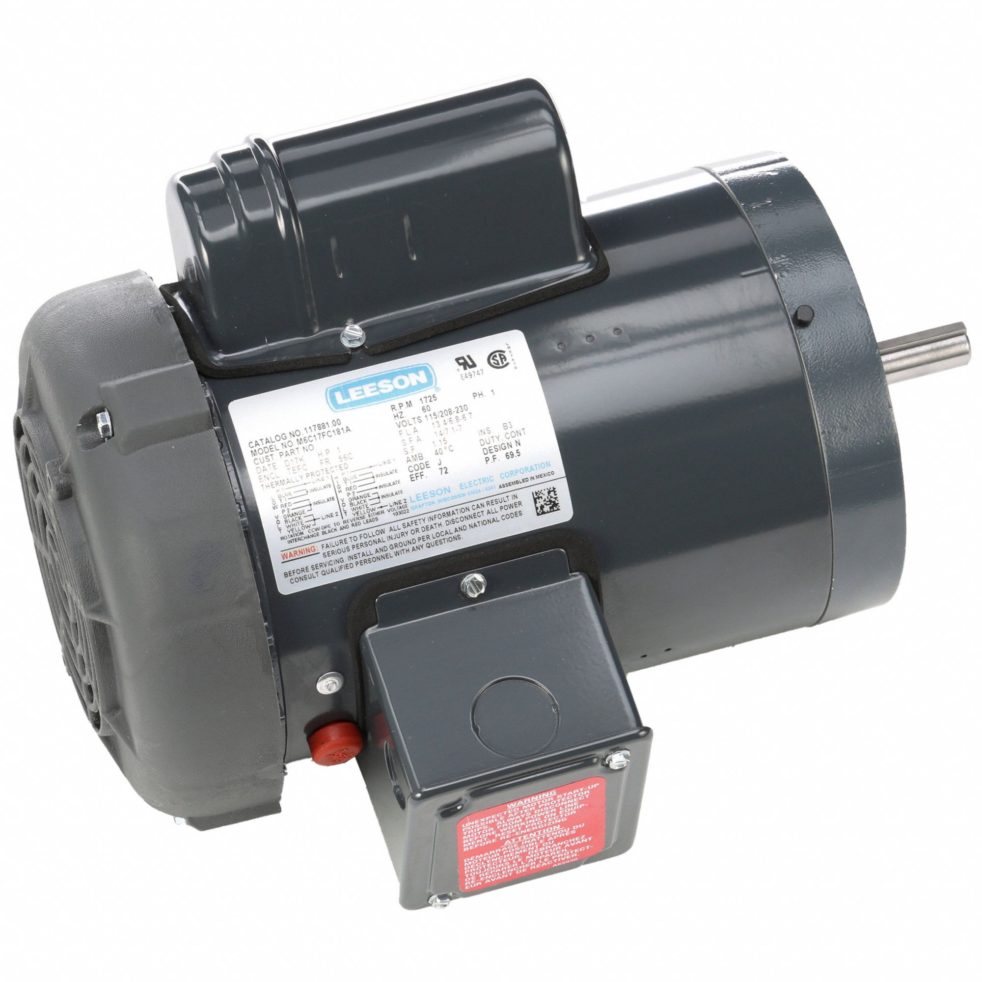 Agricultural Fan Motor: Single Phase, C-Face, Capacitor-Start, 1 hp, 1, 725 RPM, Manual, B