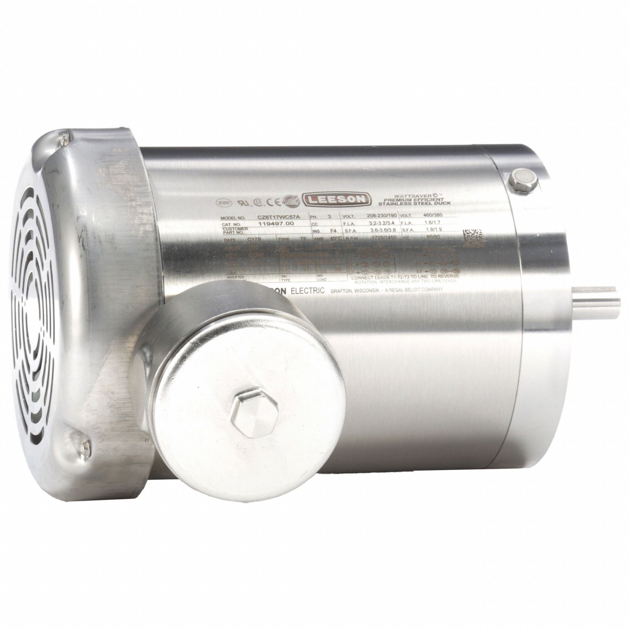 Washdown Motor: Three-Phase, 1 hp Horsepower, 1, 725 RPM RPM, 230/460V AC, 56C Frame Size