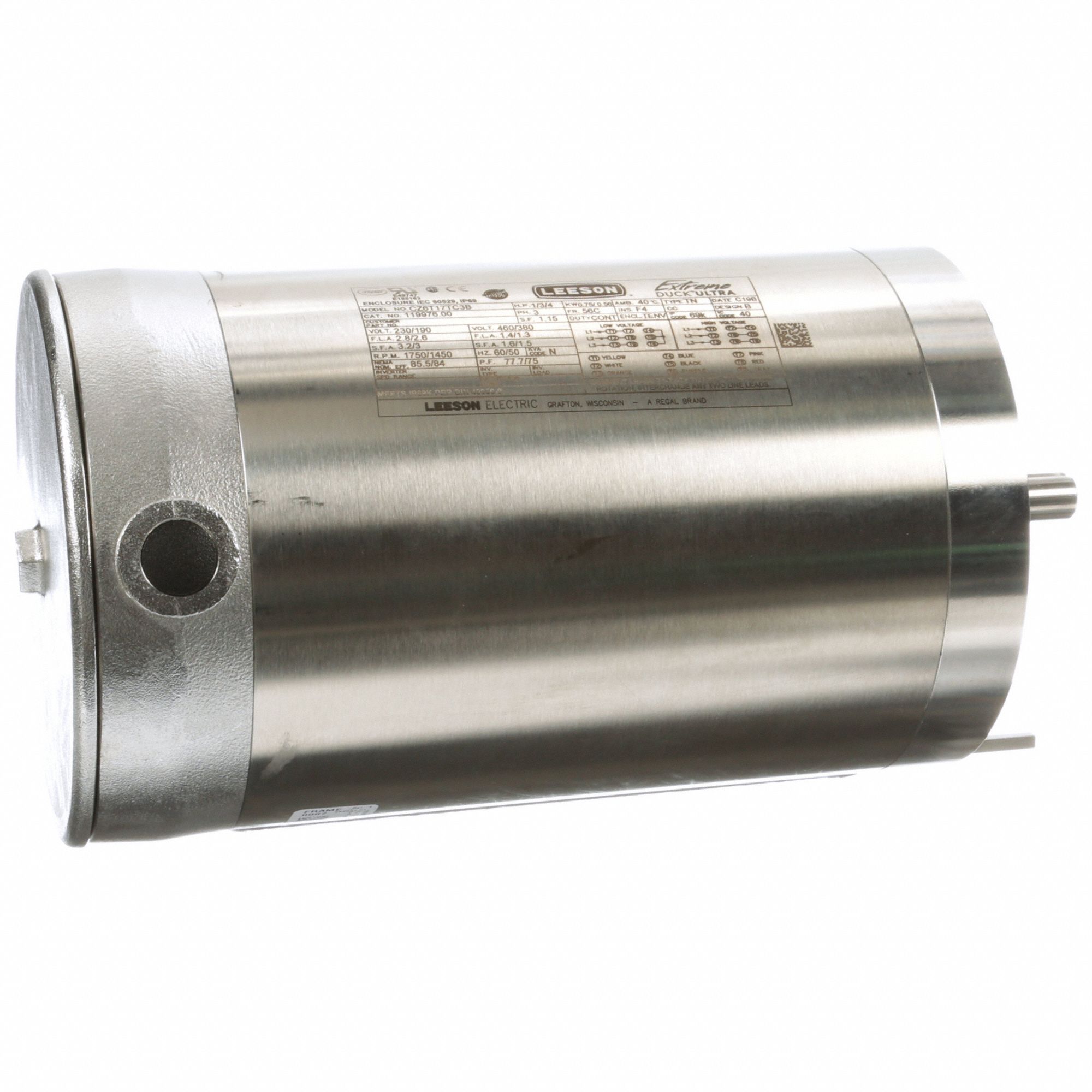 Washdown Motor: Three-Phase, 1 hp Horsepower, 1, 750 RPM RPM, 230/460V AC, 56C Frame Size