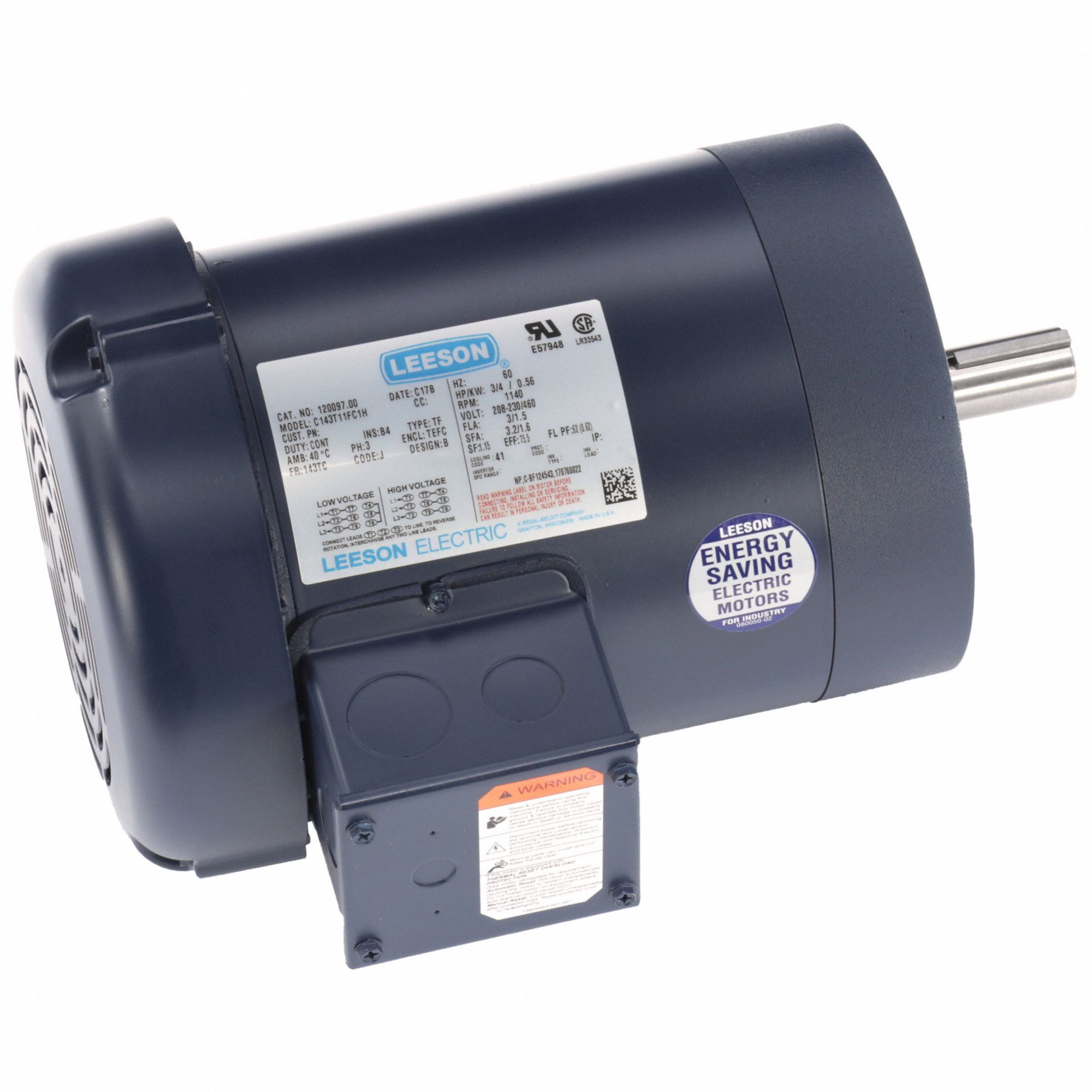 General Purpose Motors: Totally Enclosed Air-Over, C-Face Mount, 3/4 HP, 1, 140 Nameplate RPM