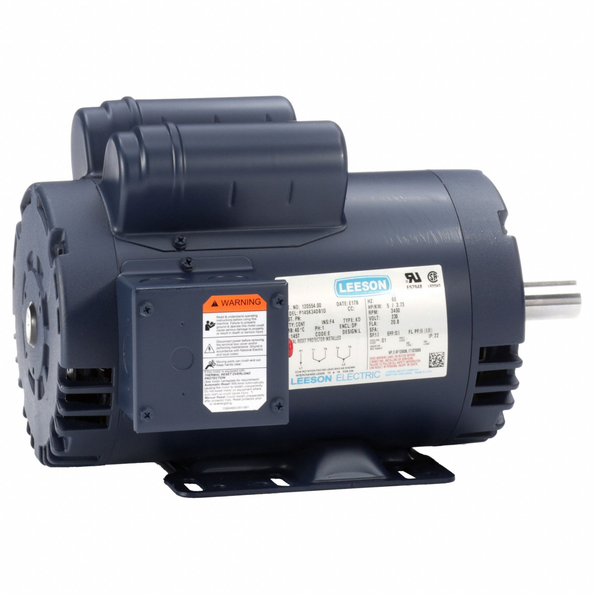 Air Compressor Motor: Capacitor-Start, 5 hp Horsepower, 3, 450 RPM RPM, 230V AC, CW/CCW, ODP
