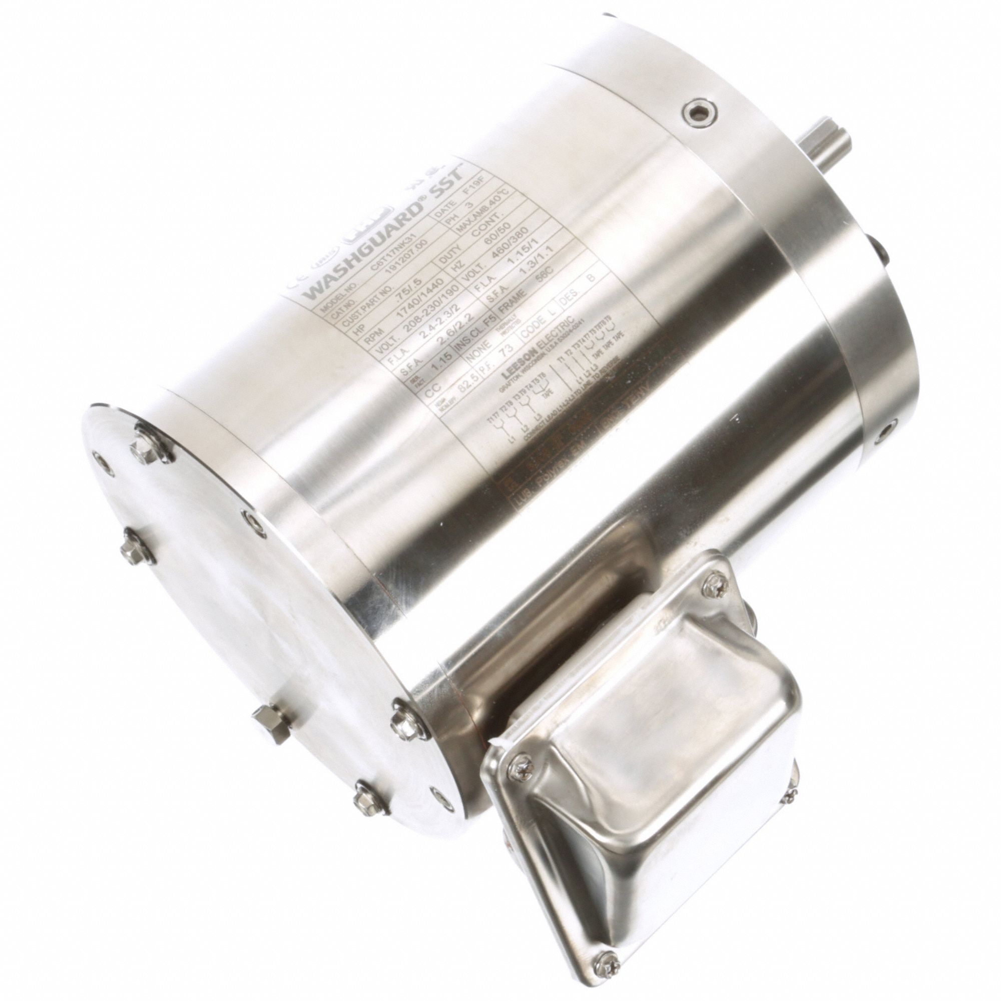 Washdown Motor: Three-Phase, 3/4 hp Horsepower, 1, 740 RPM RPM, 230/460V AC, 56C Frame Size