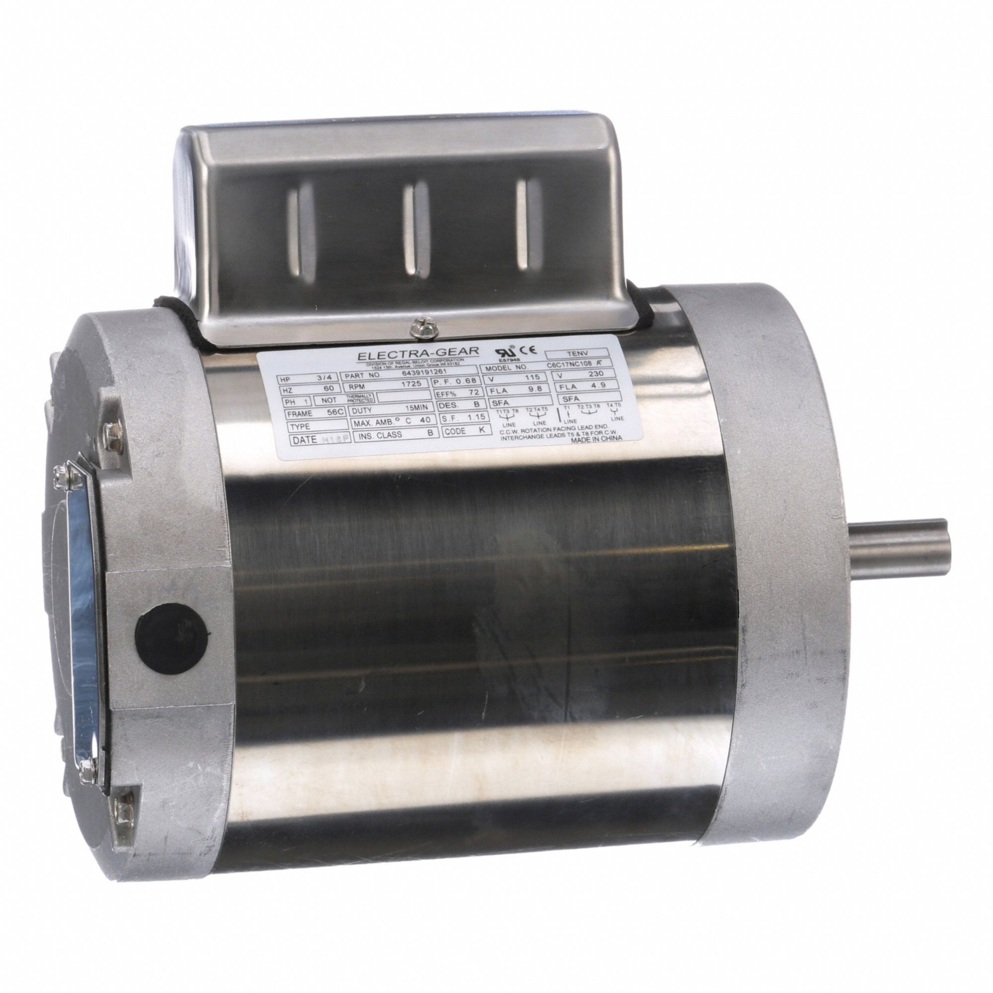 Boat Hoist Motor: 115/230V AC, 3/4 hp, 1, 725 RPM, 115/230V AC, 56C Frame Size, C-Face, TENV