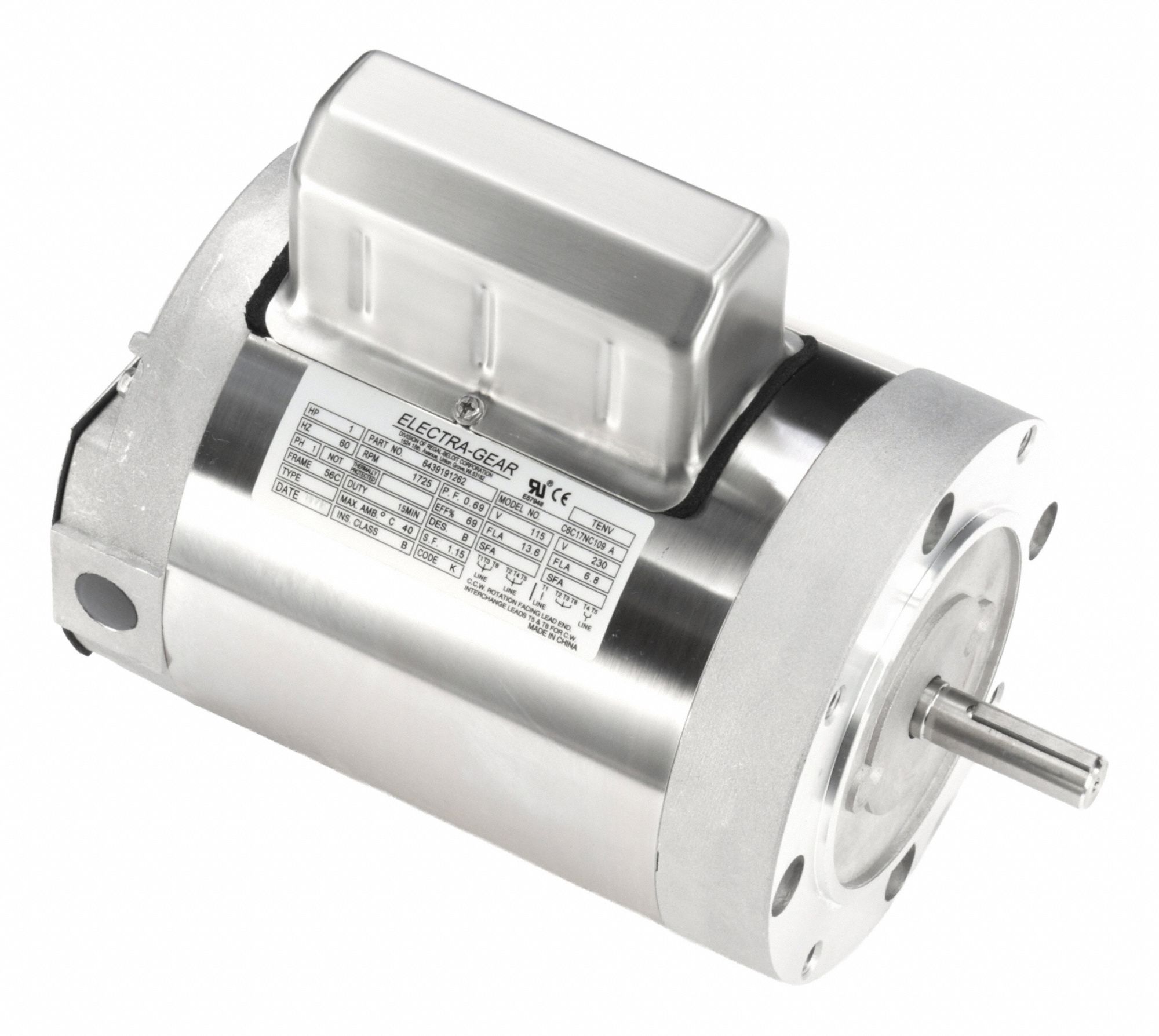 Boat Hoist Motor: 115/230V AC, 1 hp, 1, 725 RPM, 115/230V AC, 56C Frame Size, C-Face, TENV