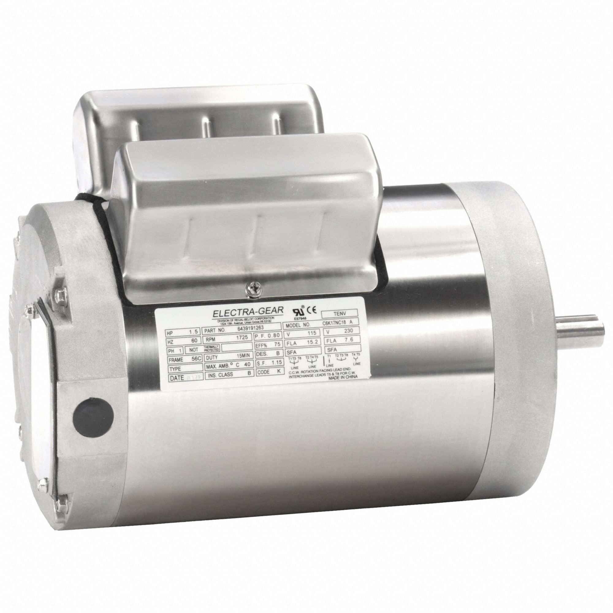 Boat Hoist Motor: 115/230V AC, 1 1/2 hp, 1, 725 RPM, 115/230V AC, 56C Frame Size, C-Face, TENV