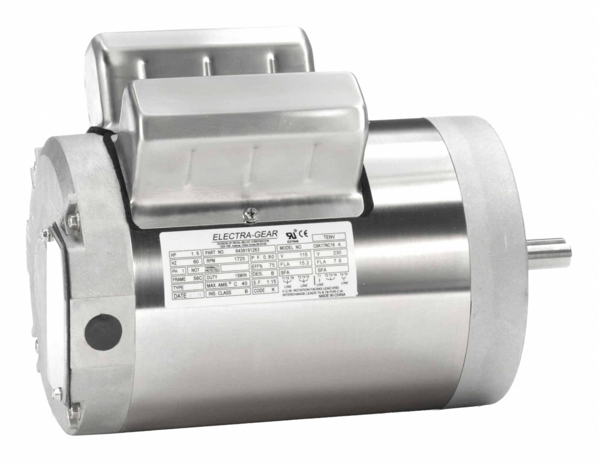 Boat Hoist Motor: 115/230V AC, 1 1/2 hp, 1, 725 RPM, 115/230V AC, 56C Frame Size, C-Face, TENV