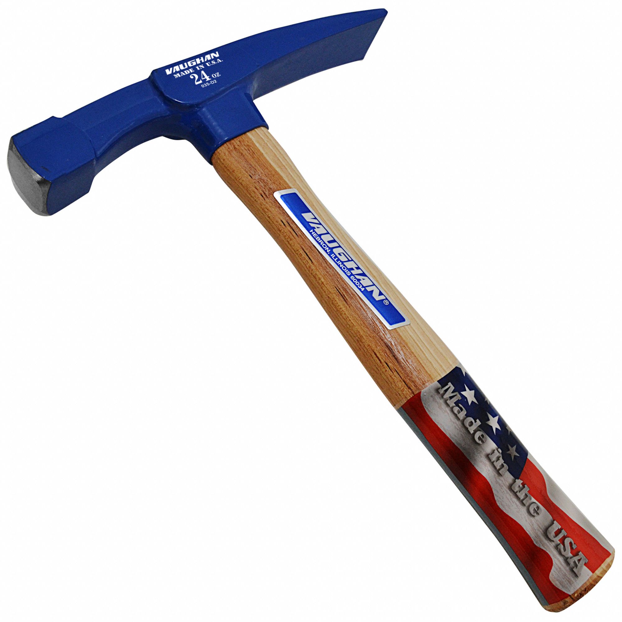 Bricklayers Hammer, 24 oz.: 11 in Overall Lg, Wood Handle, Perpendicular, 1 in Face Dia, Steel