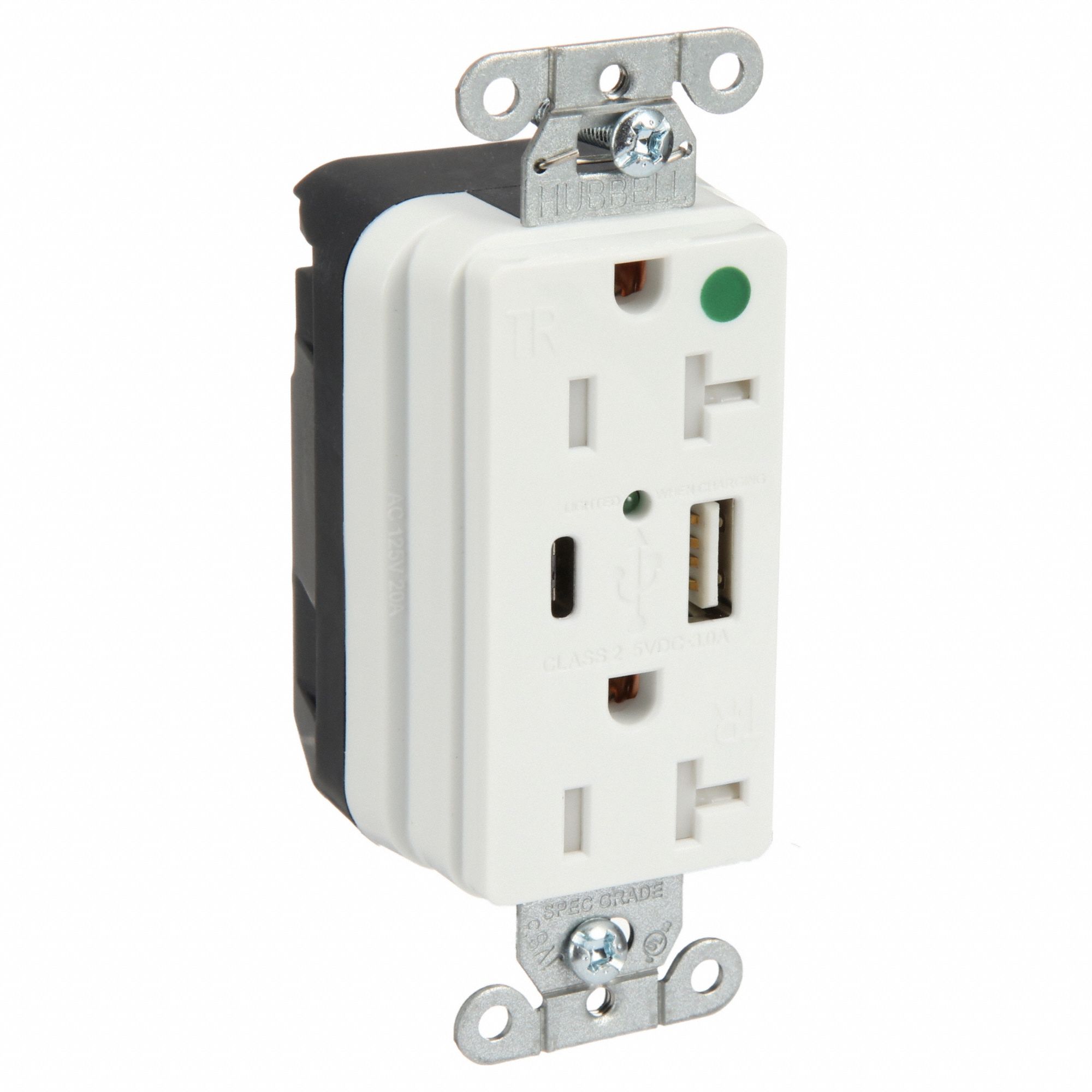 Snapconnect receptacle: 5-20R, 20 A, 125V AC, White, A/C USB Connection Type