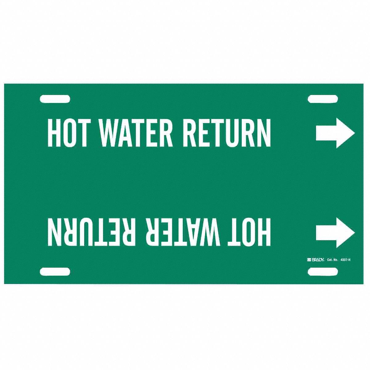 Pipe Marker: Hot Water Return, Green, White, Fits 10 to 15 in Pipe O.D., 1 Pipe Markers, With Arrows
