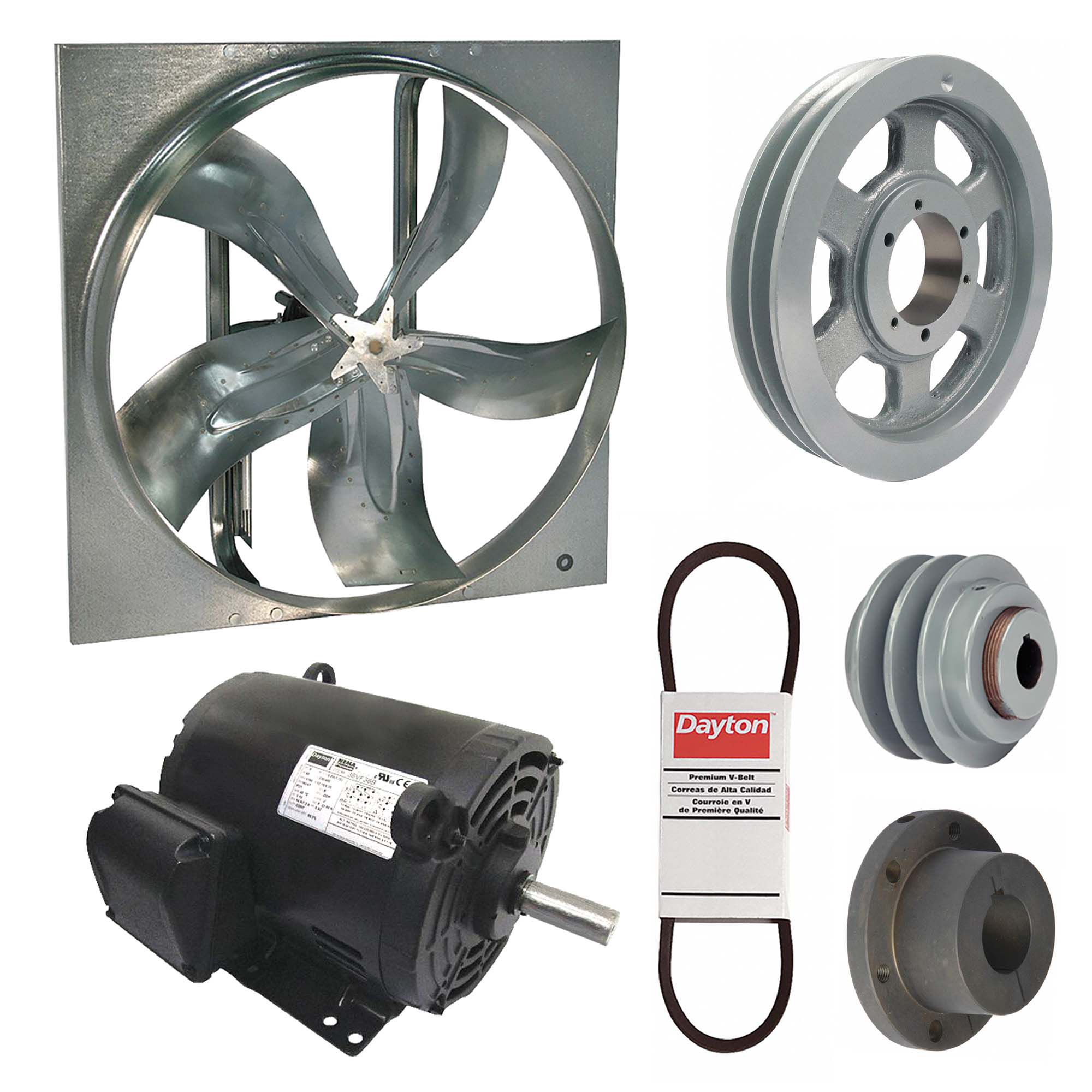 Supply Fan w/Drive Package: Belt Drive, 60 in Blade, Open Dripproof, 48, 356 cfm, Cast, 3 ph