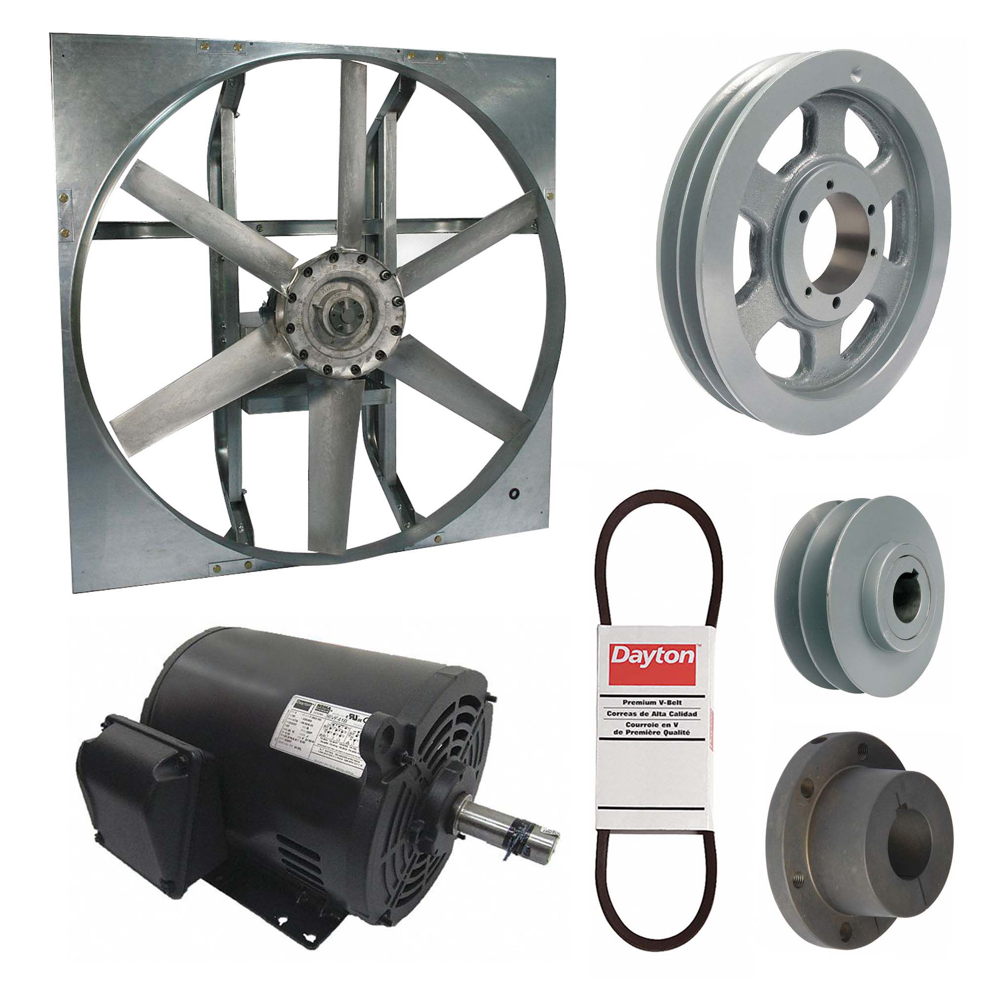 Supply Fan w/Drive Package: Belt Drive, 60 in Blade, Open Dripproof, 55, 335 cfm, Cast, 3 ph