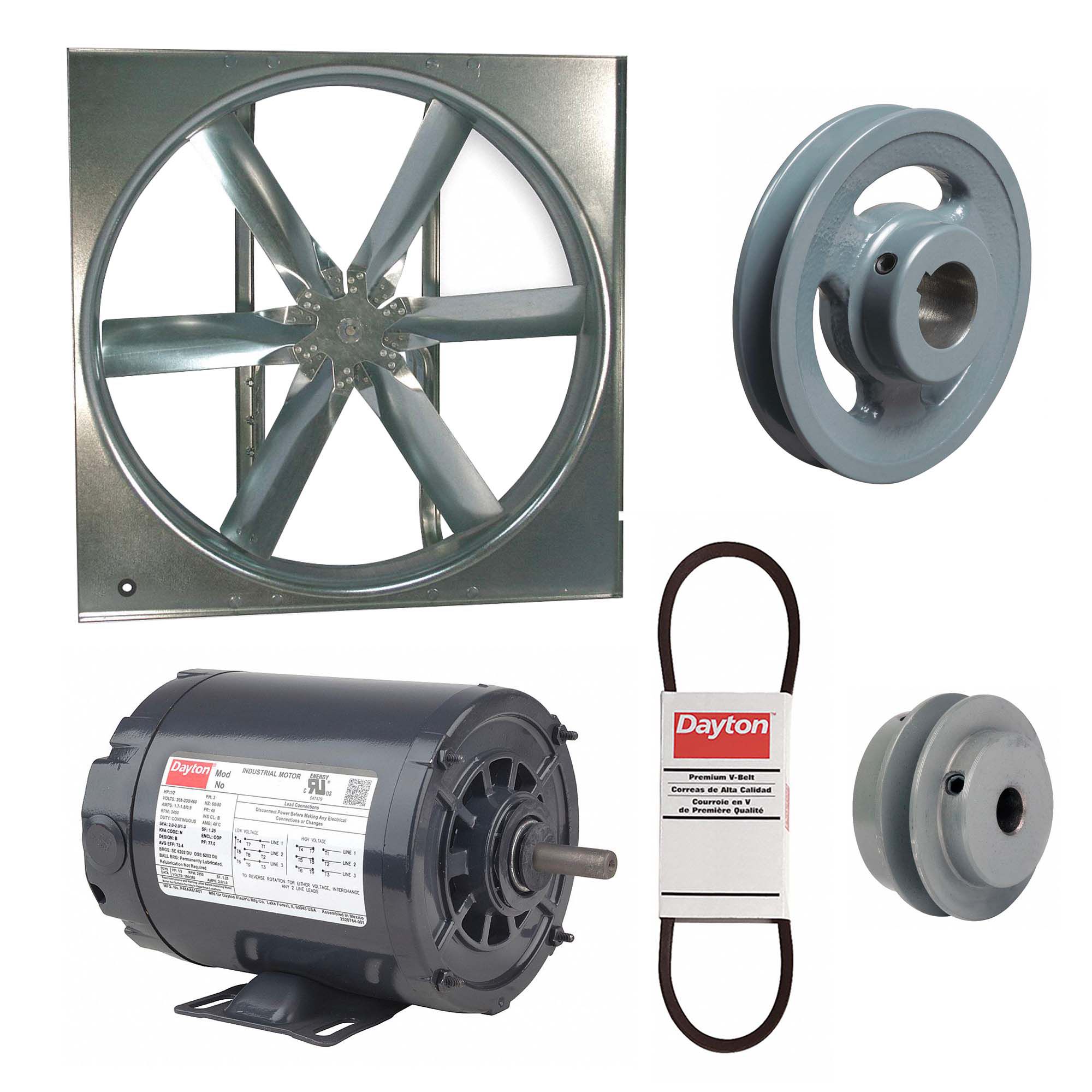 Supply Fan w/Drive Package: Belt Drive, 20 in Blade, Open Dripproof, 3, 904 cfm, 230/460V AC