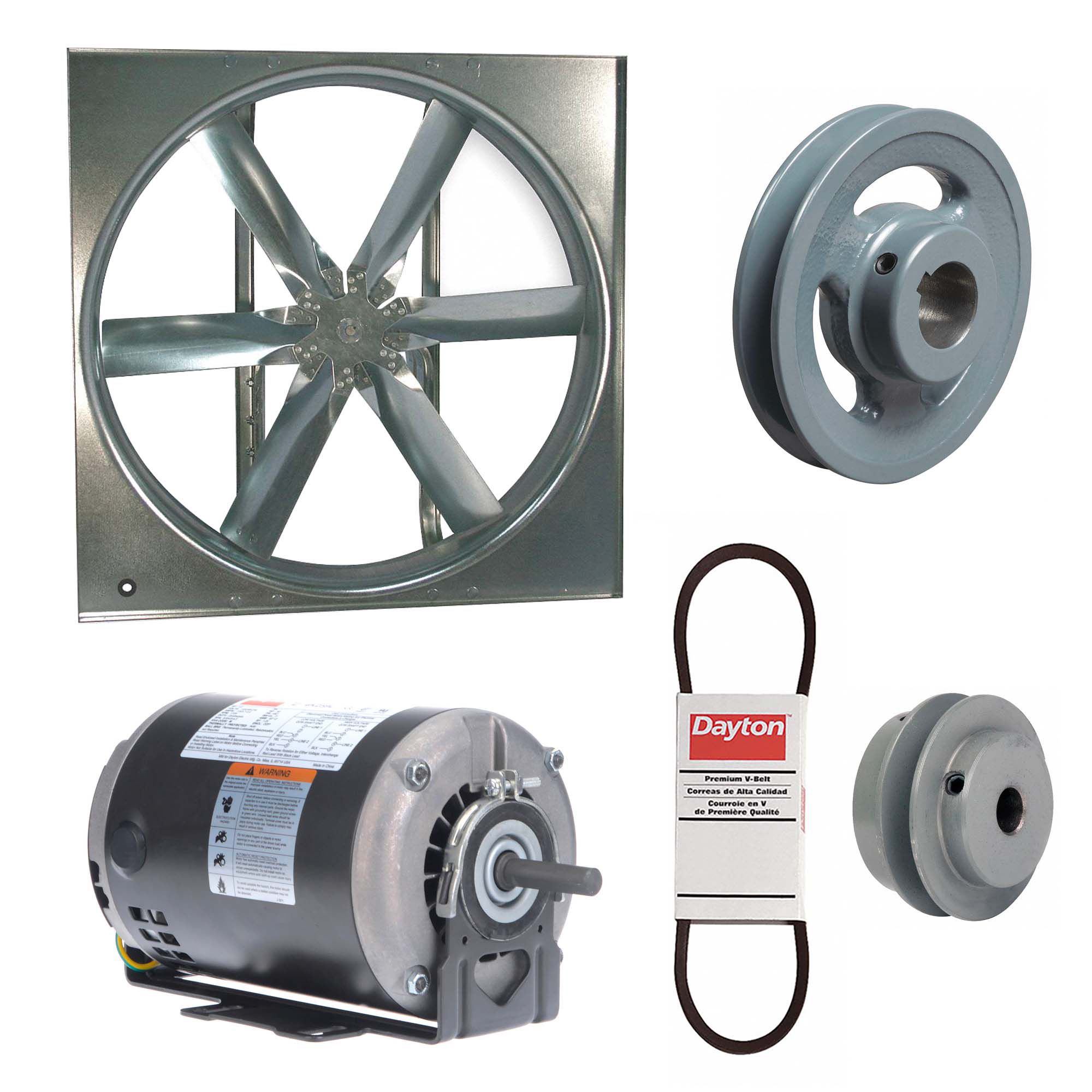 Supply Fan w/Drive Package: Belt Drive, 20 in Blade, Open Dripproof, 4, 587 cfm, 1 ph, 1/2 hp