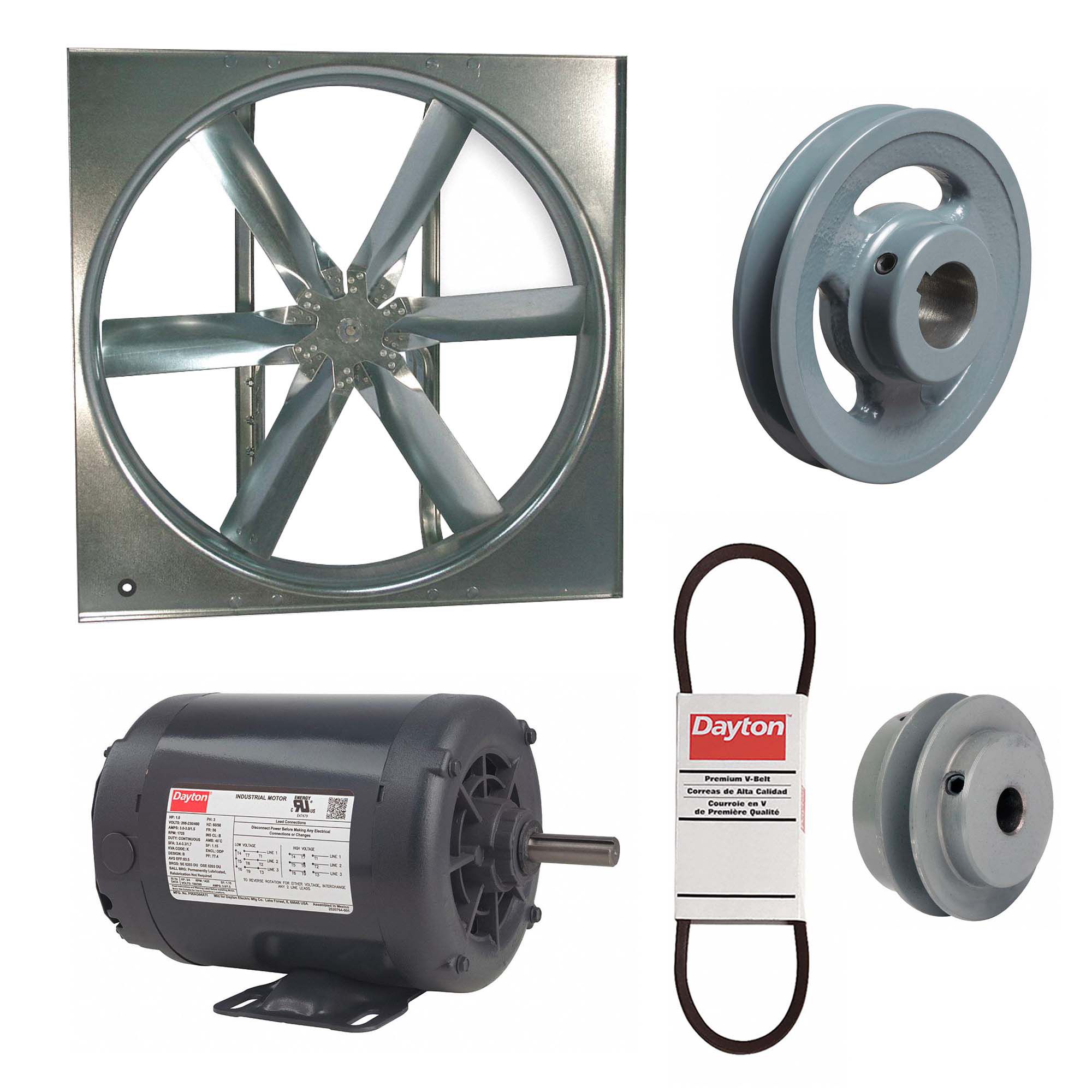 Supply Fan w/Drive Package: Belt Drive, 20 in Blade, Open Dripproof, 4, 587 cfm, 230/460V AC