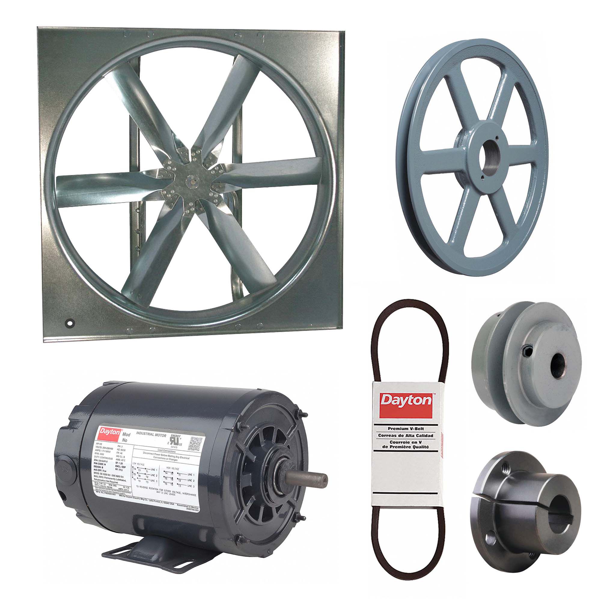 Supply Fan w/Drive Package: Belt Drive, 24 in Blade, Open Dripproof, 4, 826 cfm, 230/460V AC